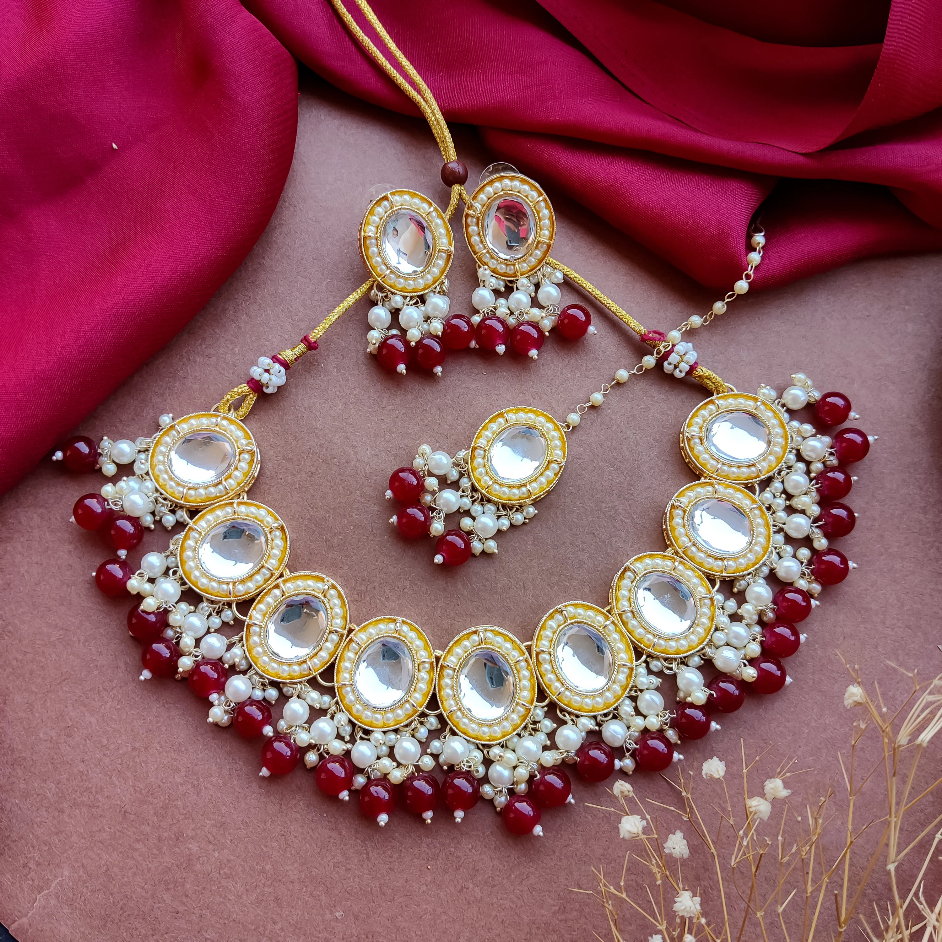 Saugaat Kundan Pearl Necklace Set with Earrings & Tika - Maroon - Image 5
