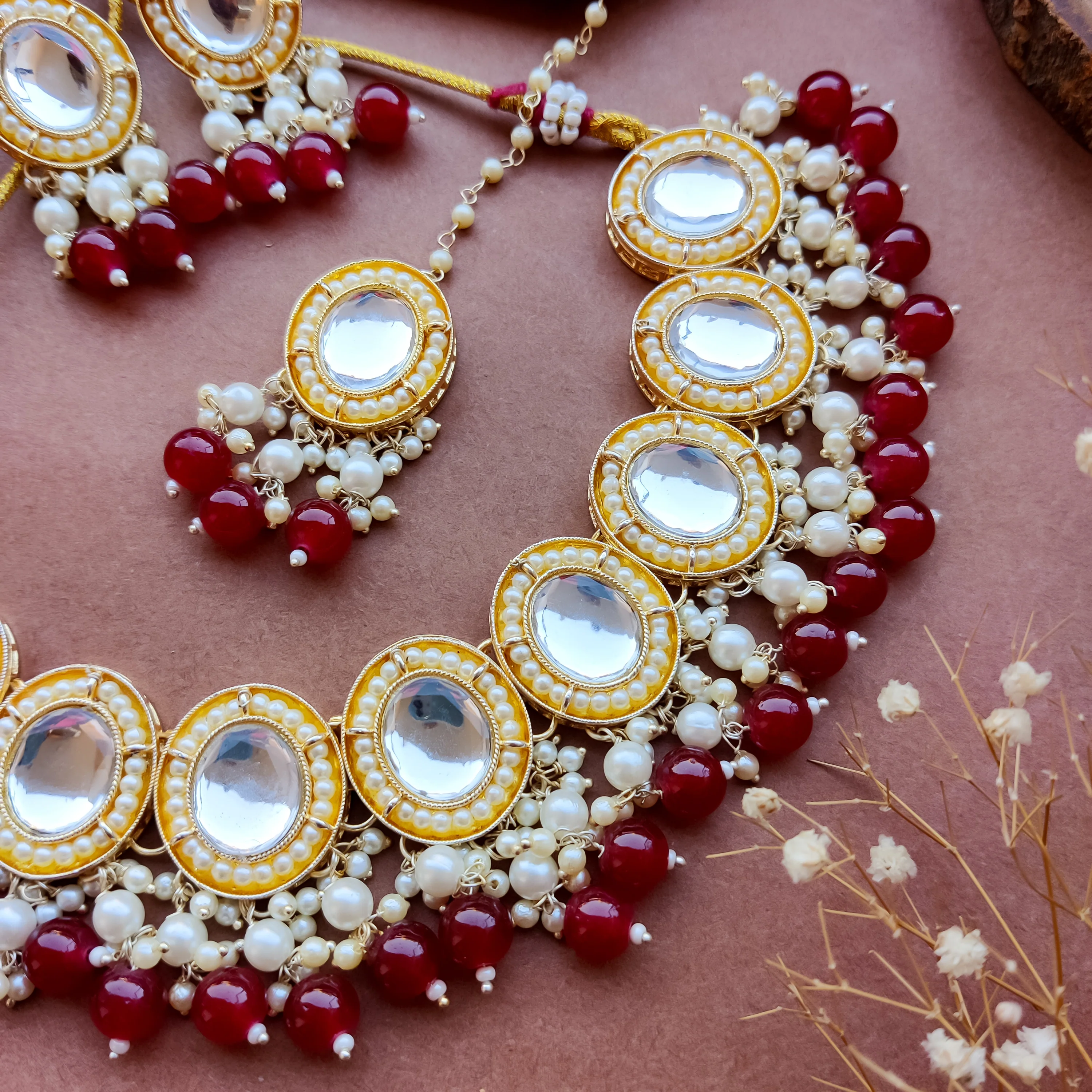 Saugaat Kundan Pearl Necklace Set with Earrings & Tika - Maroon - Image 6