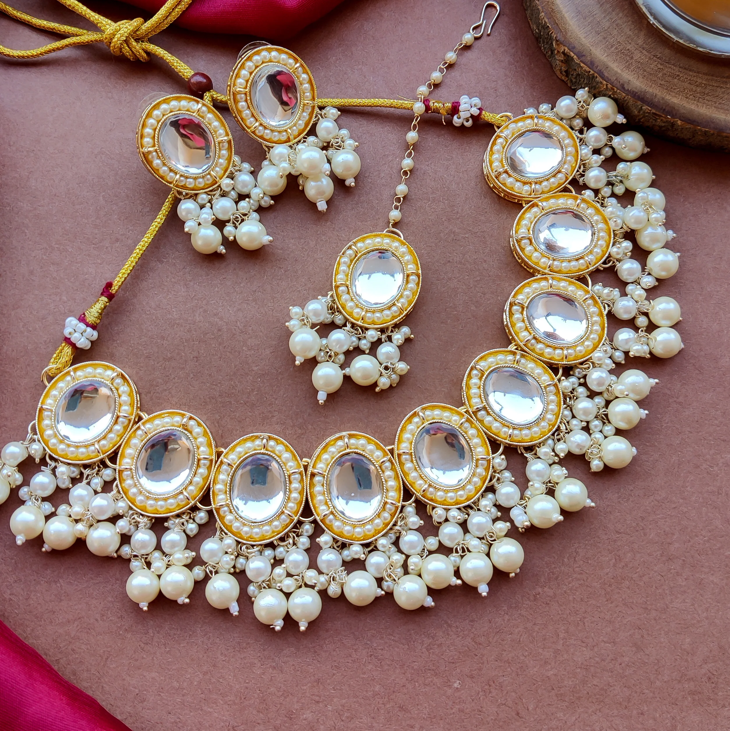 Saugaat Kundan Pearl Necklace Set with Earrings & Tika - Golden - Image 6