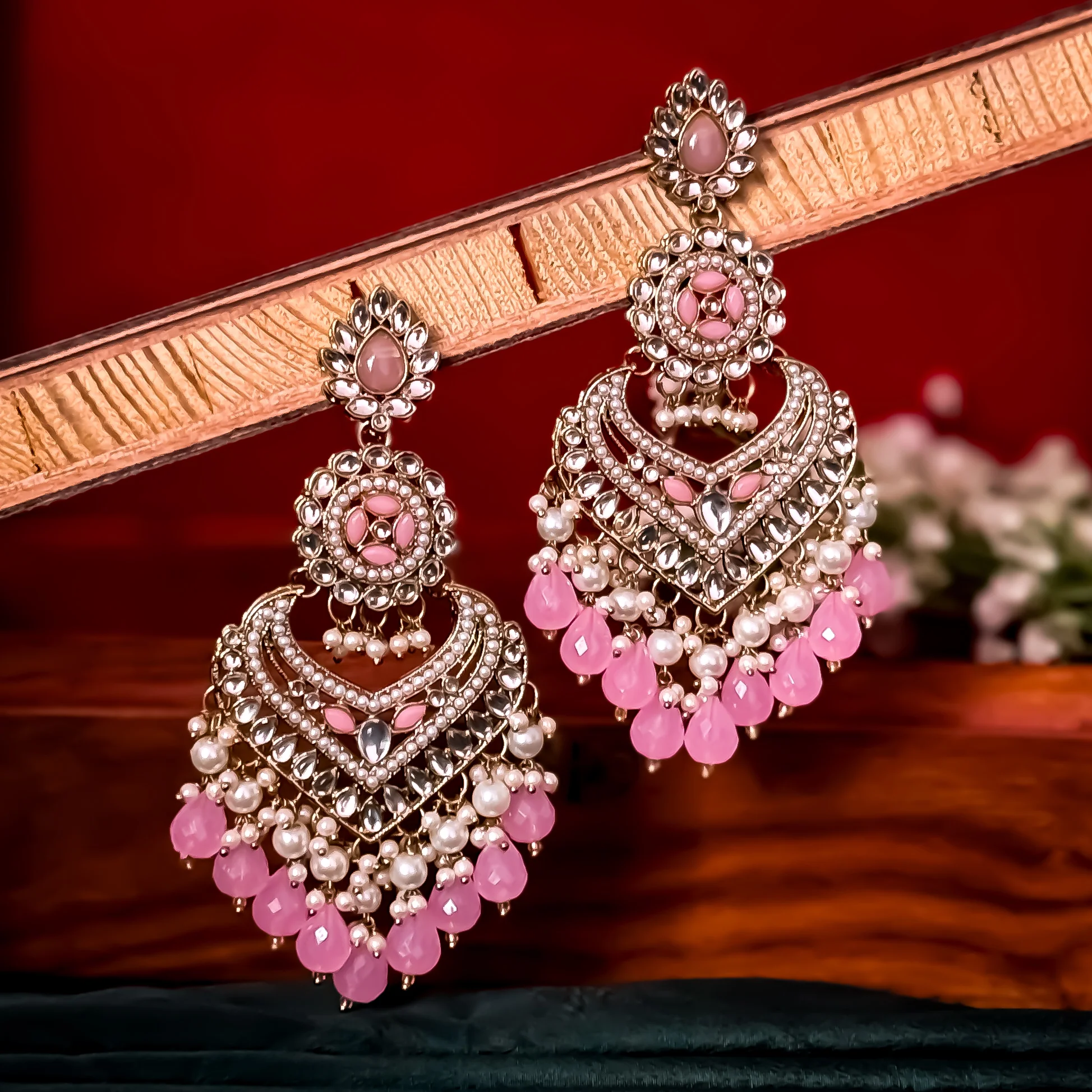 Shaba Jadau Kundan Chandbali Earrings - Baby Pink - Image 2