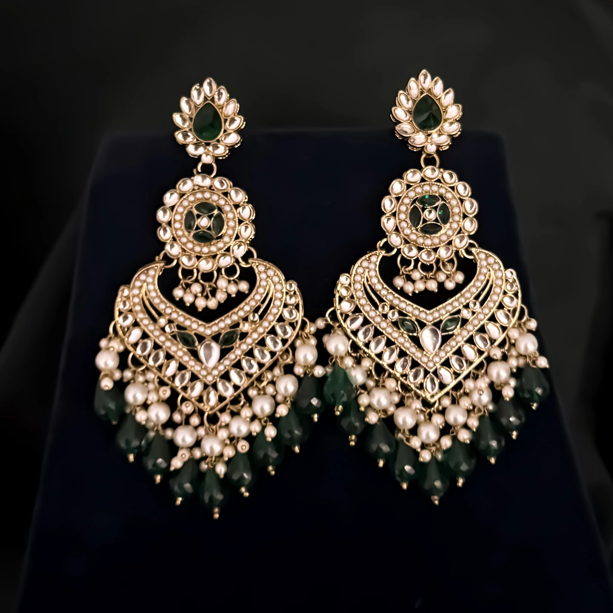 Shaba Jadau Kundan Chandbali Earrings - Green - Image 4