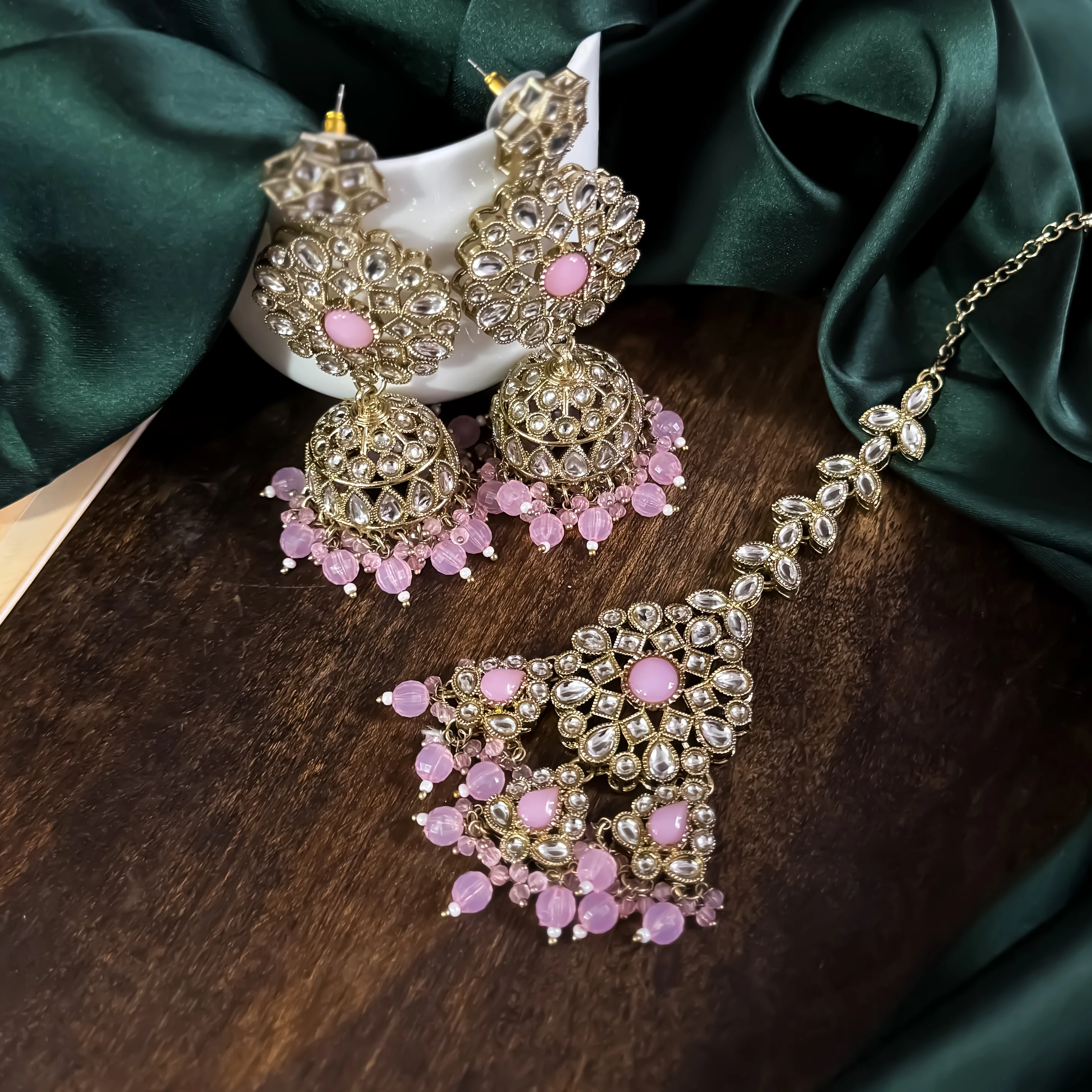 Shabana Premium Kundan Pearl Choker Necklace Set - Baby Pink - Image 5