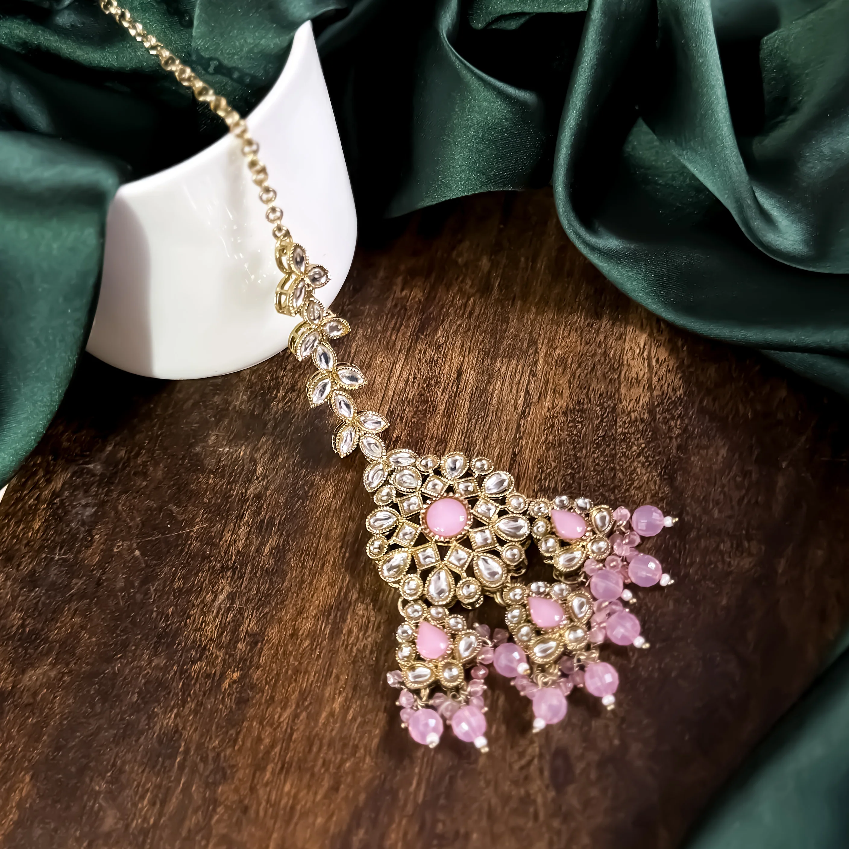 Shabana Premium Kundan Pearl Choker Necklace Set - Baby Pink - Image 6