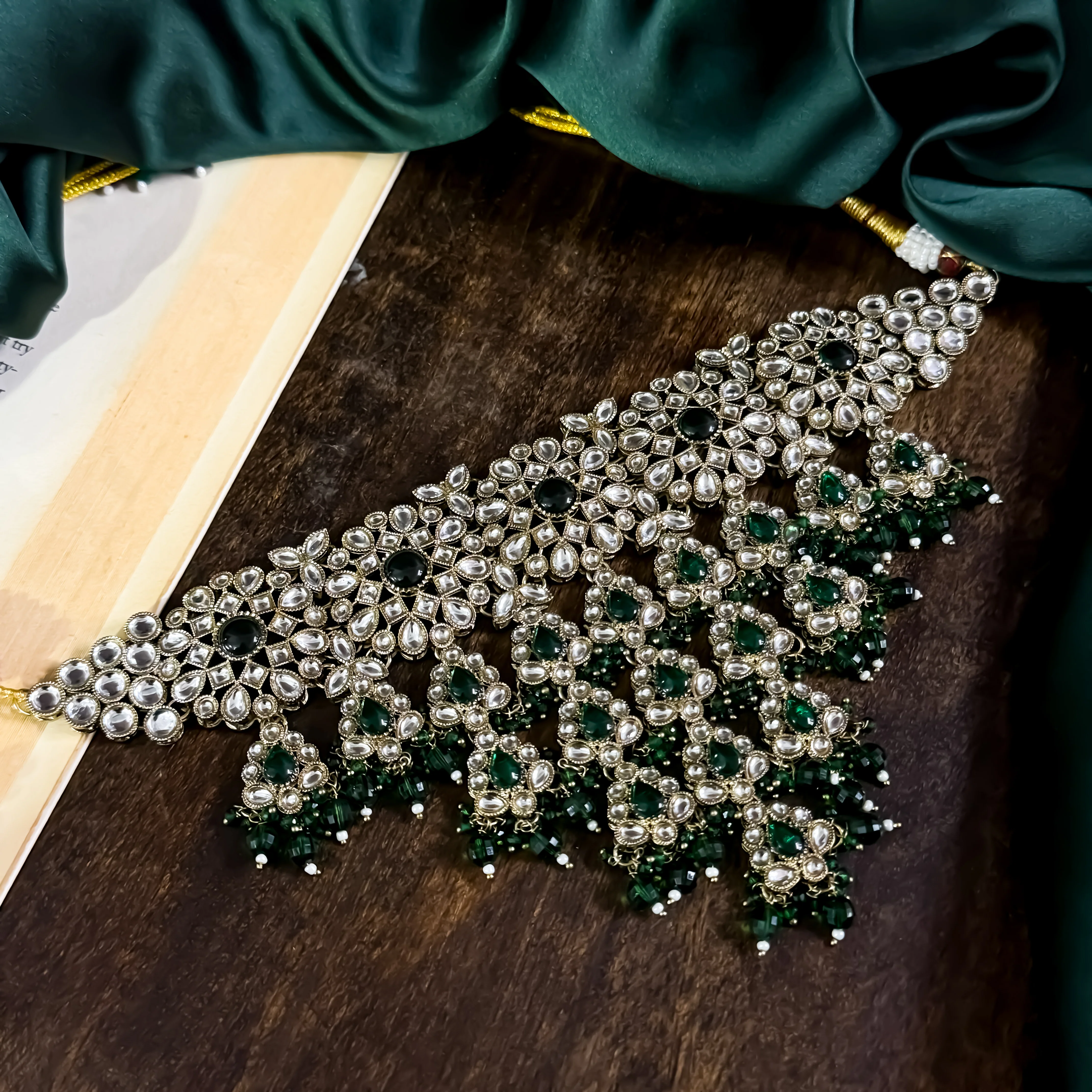Shabana Premium Kundan Pearl Choker Necklace Set - Green - Image 5