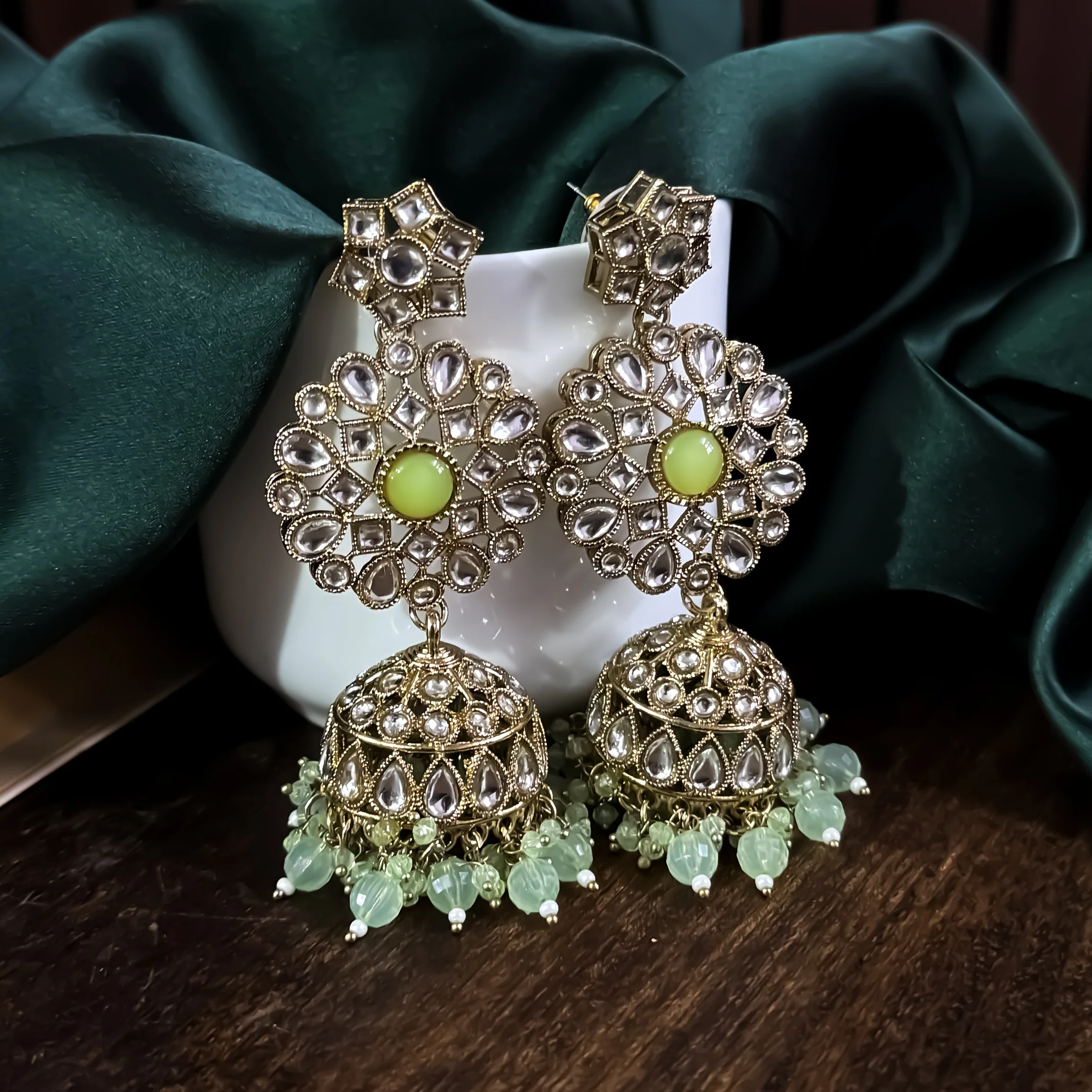 Shabana Premium Kundan Pearl Choker Necklace Set - Mint Green - Image 7
