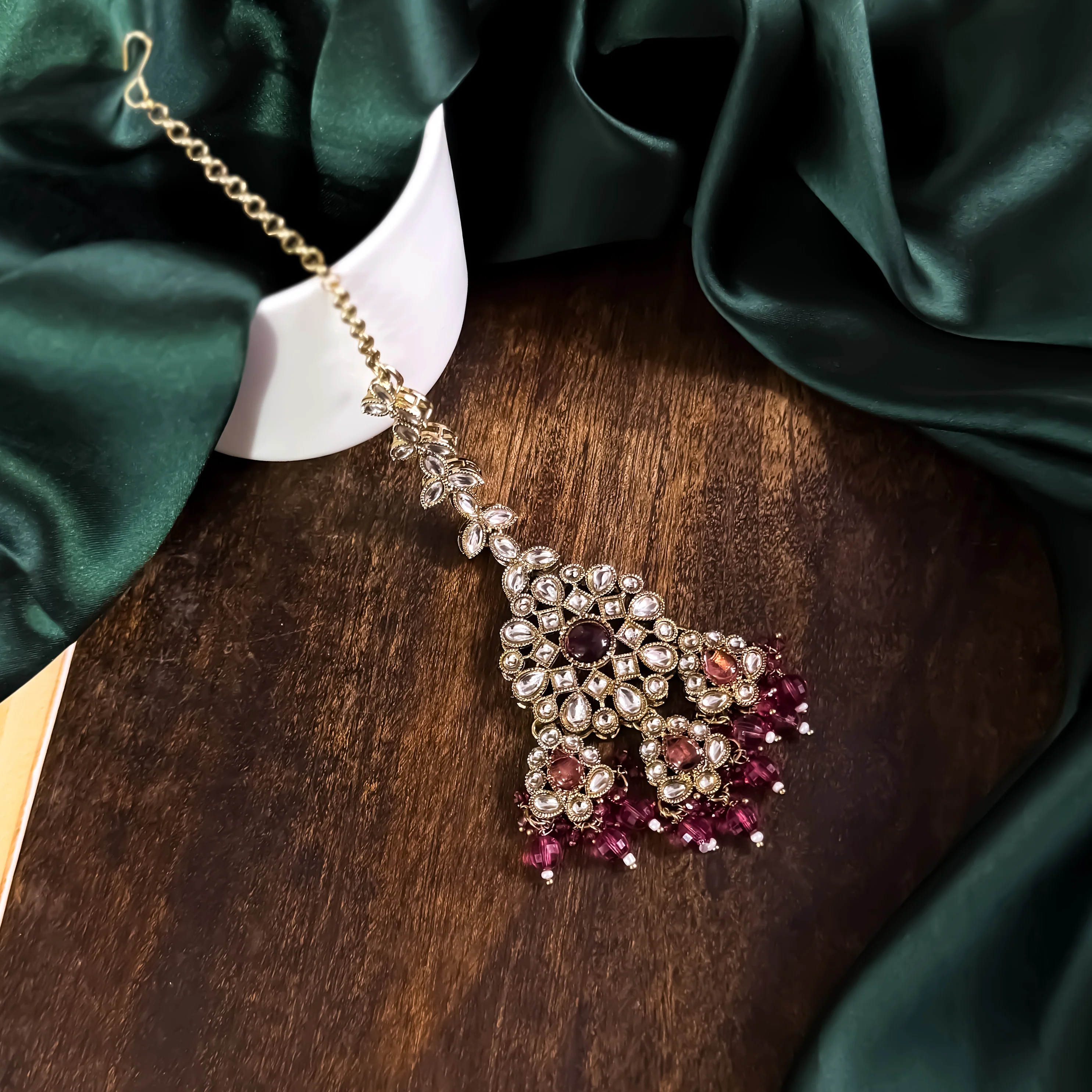 Shabana Premium Kundan Pearl Choker Necklace Set - Wine - Image 6