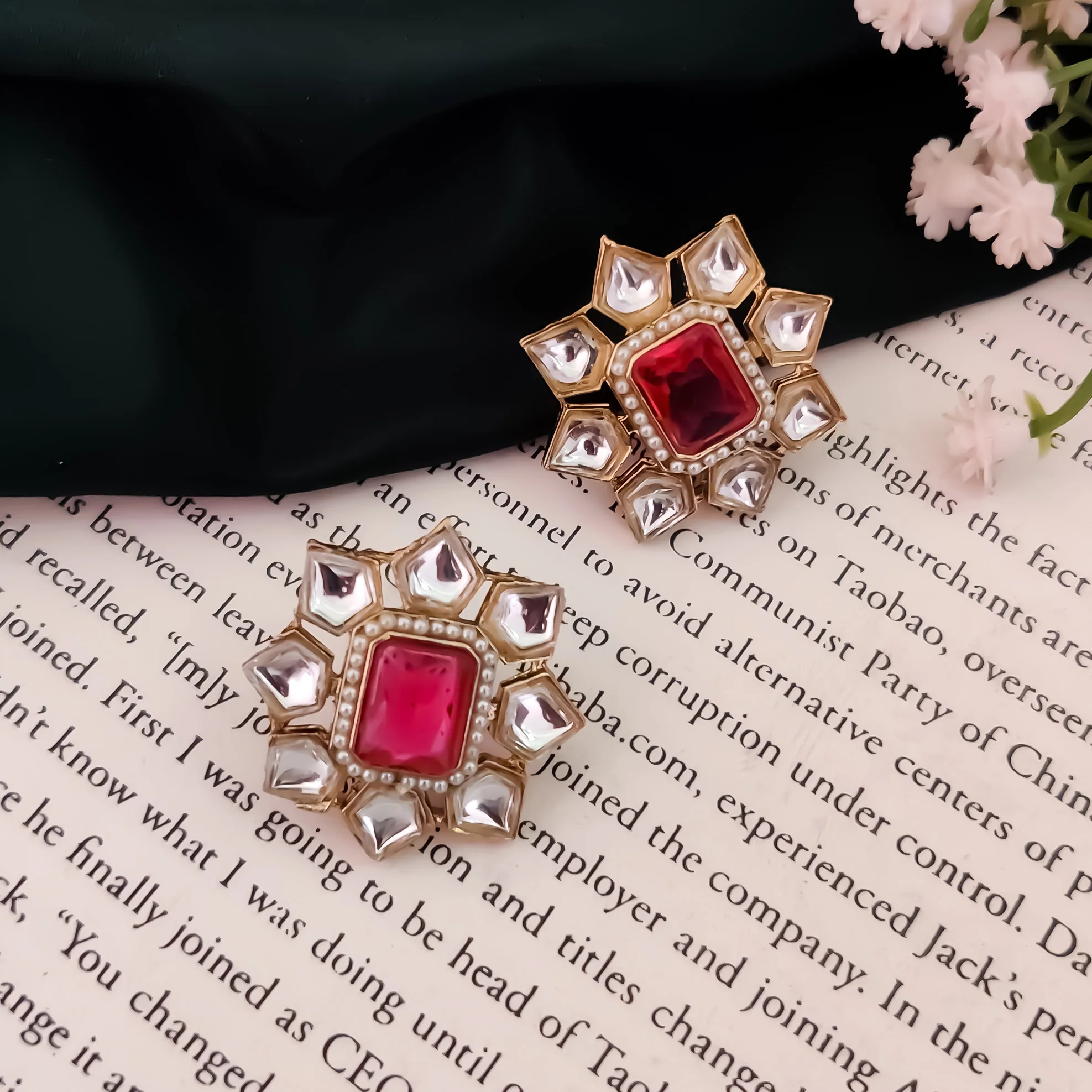 Shaheen Kundan Stud Earring - Hot Pink - Image 2