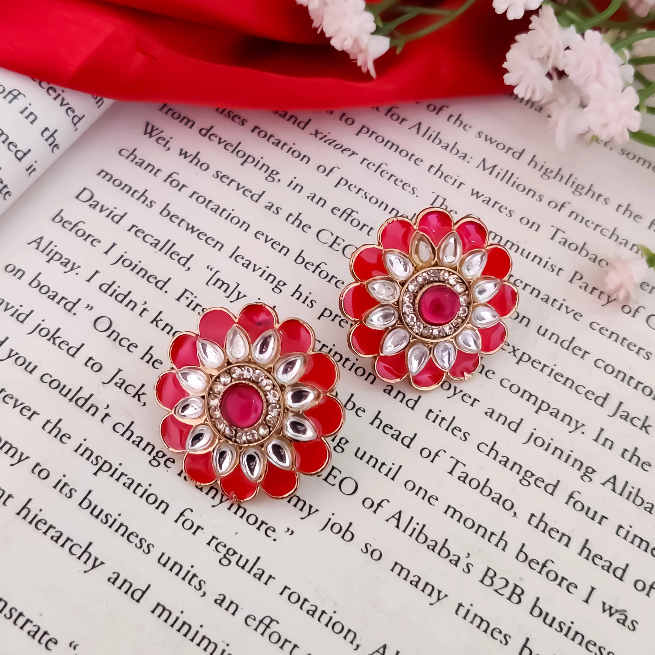 Shahida Kundan Stud Earring - Hot Pink - Image 3