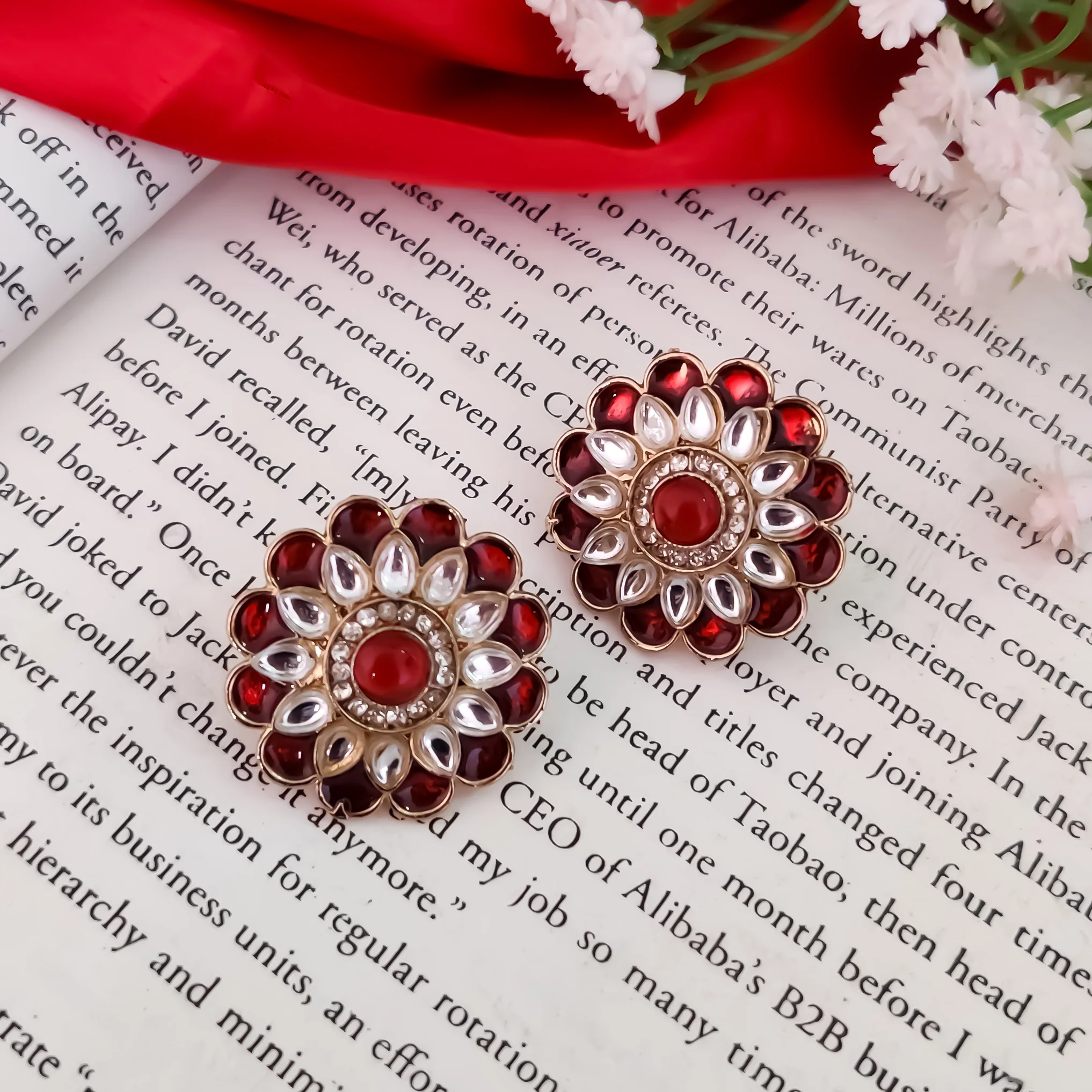 Shahida Kundan Stud Earring - Maroon - Image 2