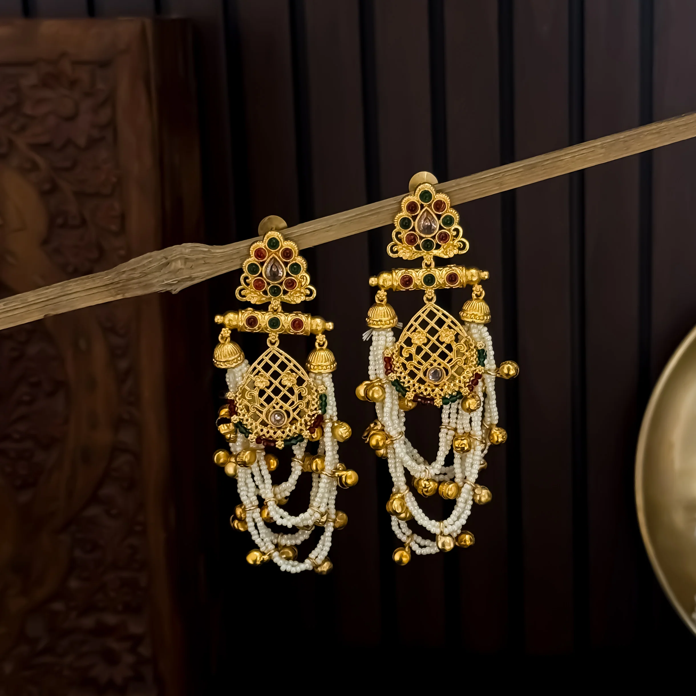 Shambhavi Premium Kashmiri Brass Pearl Chandbali Earrings -Pink & Green - Image 3