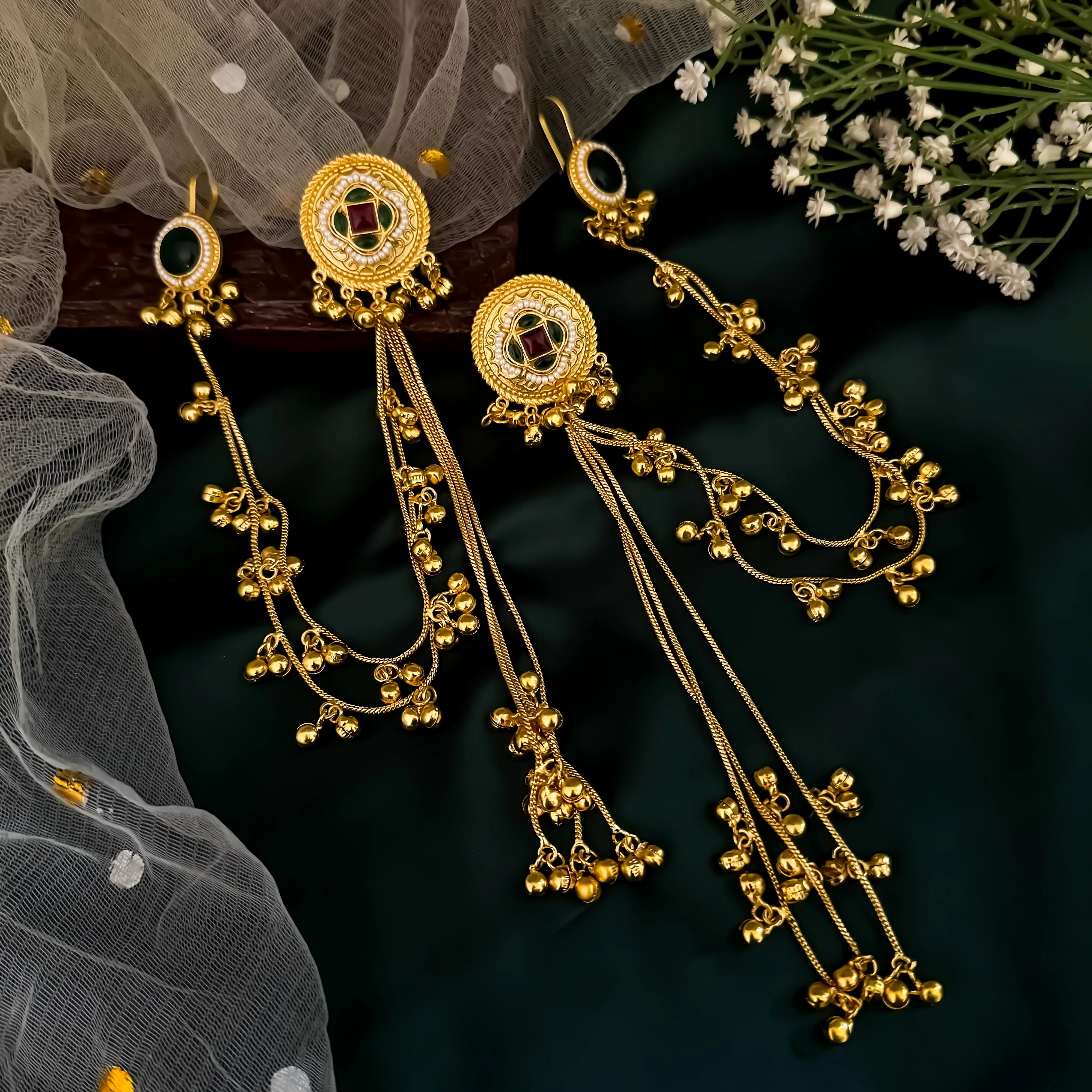 Shazia Premium Kashmiri Brass Ghungroo Earrings with Sahara/Earchains - Pink & Green - Image 3
