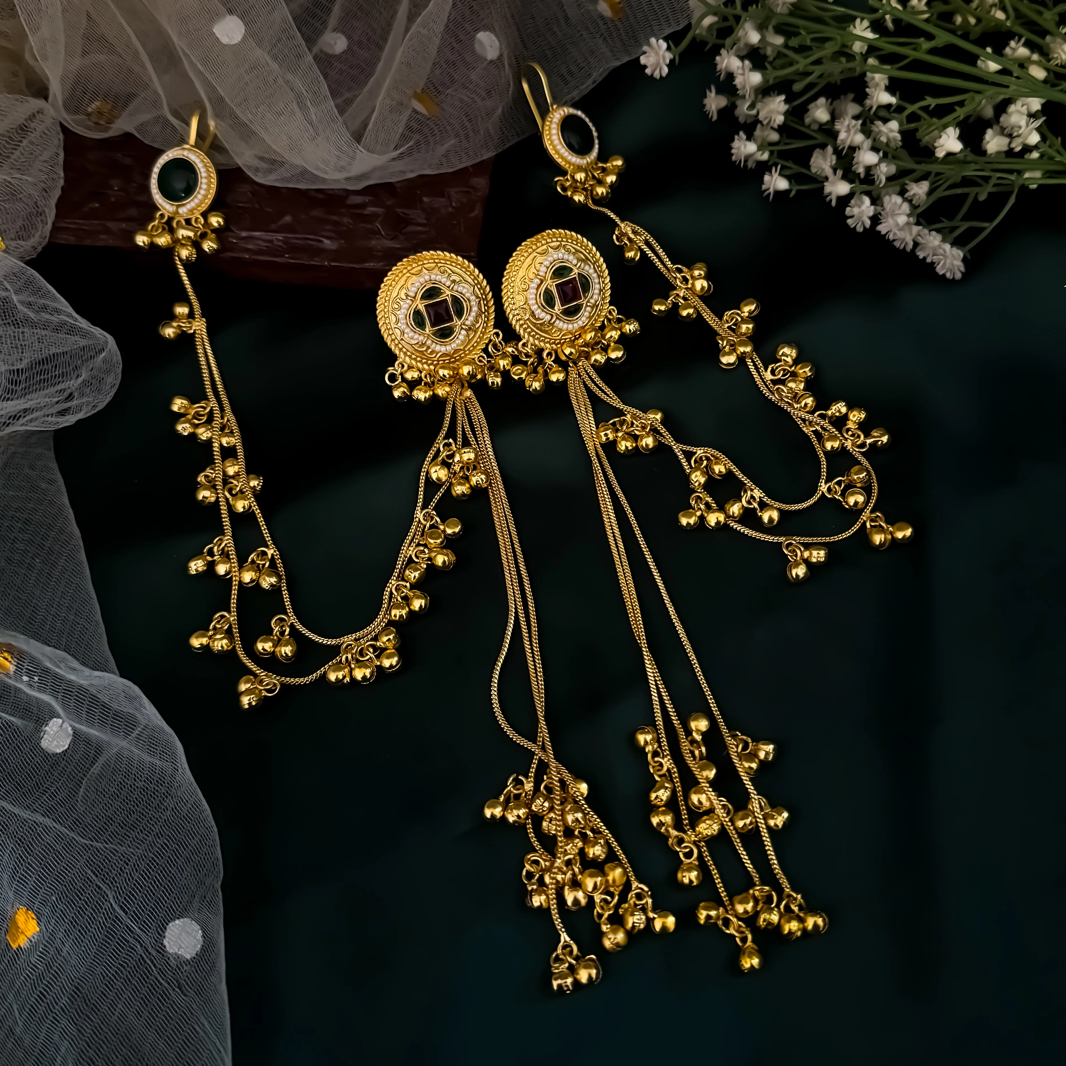 Shazia Premium Kashmiri Brass Ghungroo Earrings with Sahara/Earchains - Pink & Green - Image 4