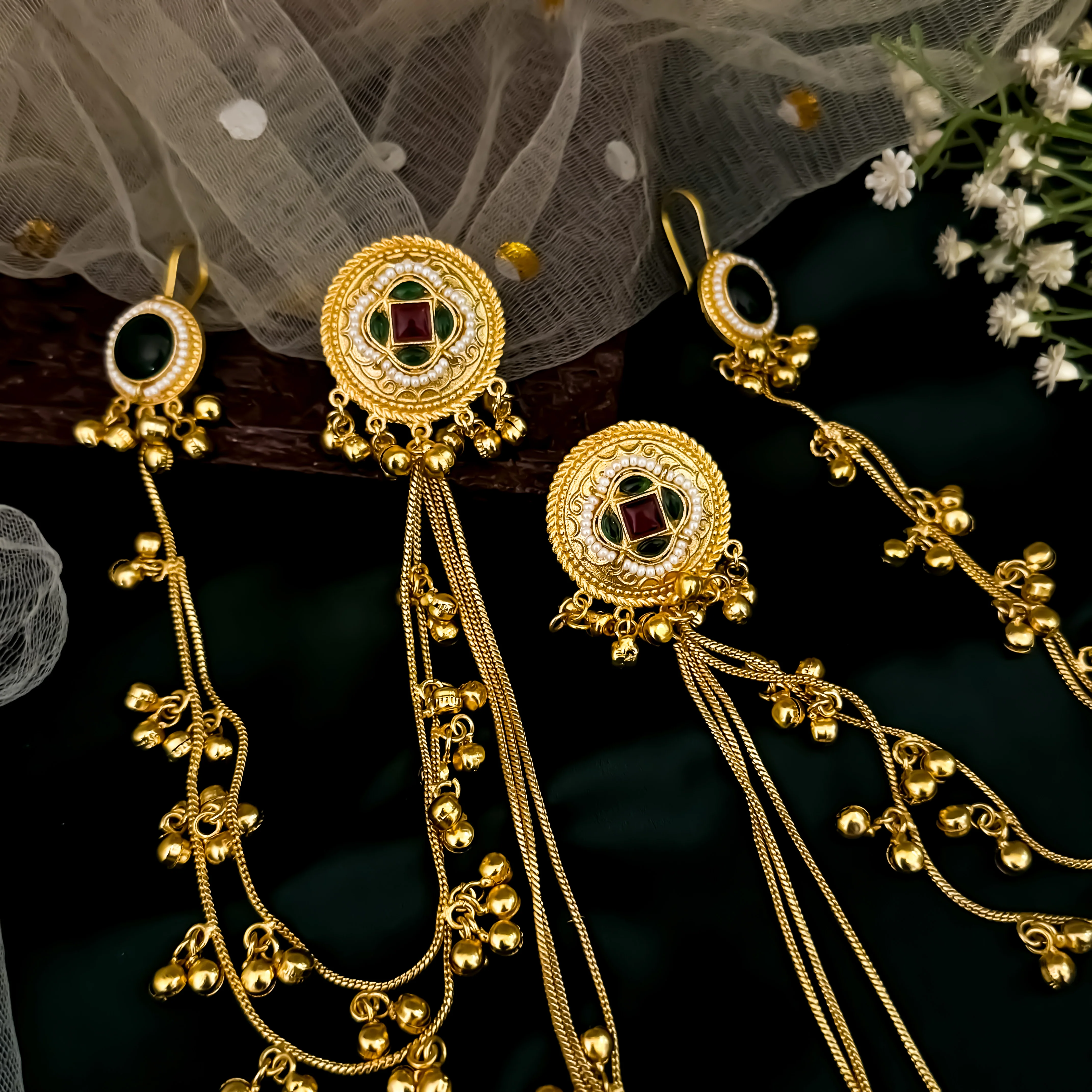 Shazia Premium Kashmiri Brass Ghungroo Earrings with Sahara/Earchains - Pink & Green - Image 5