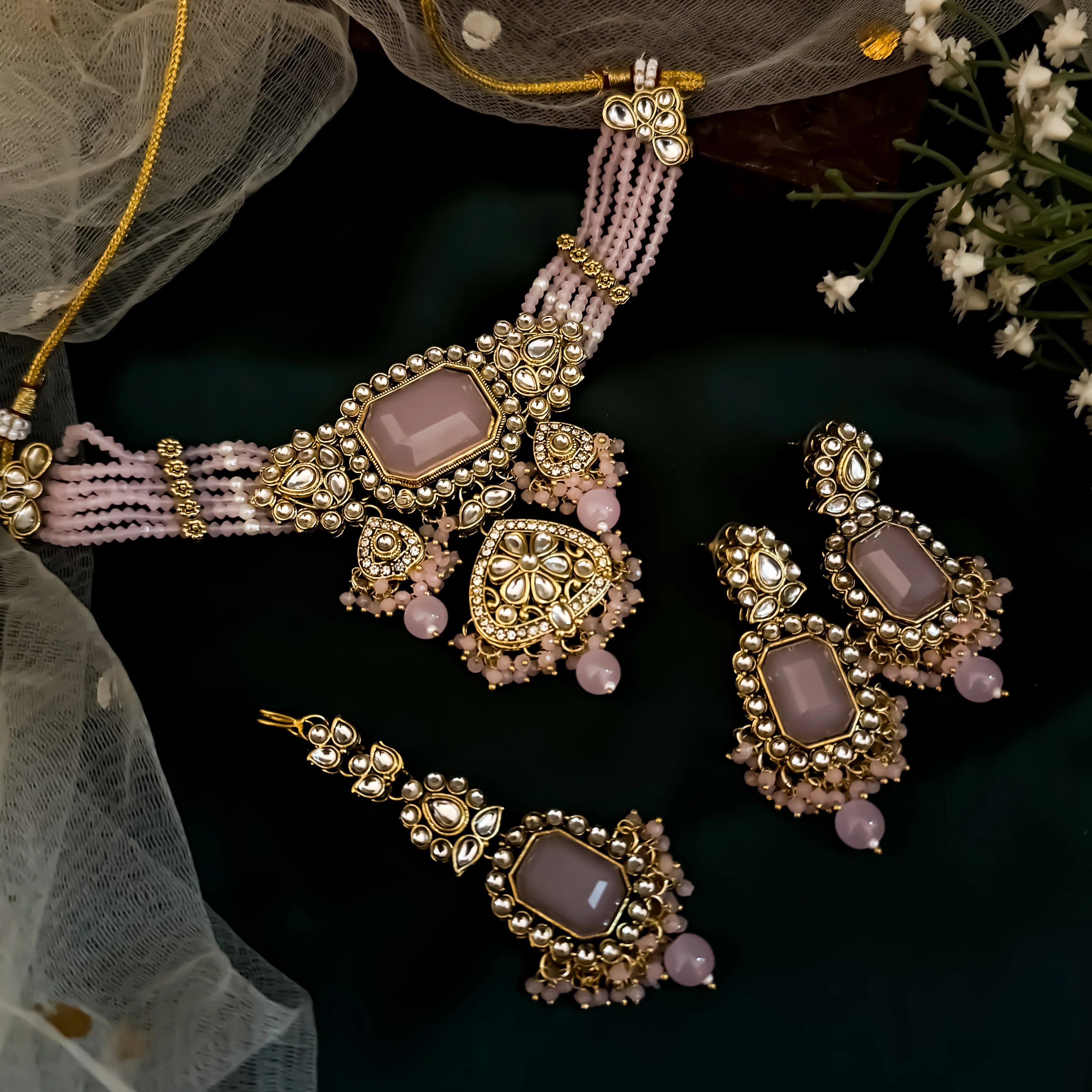 Shriya Kundan Choker Necklace Set - Pastel Pink - Image 2