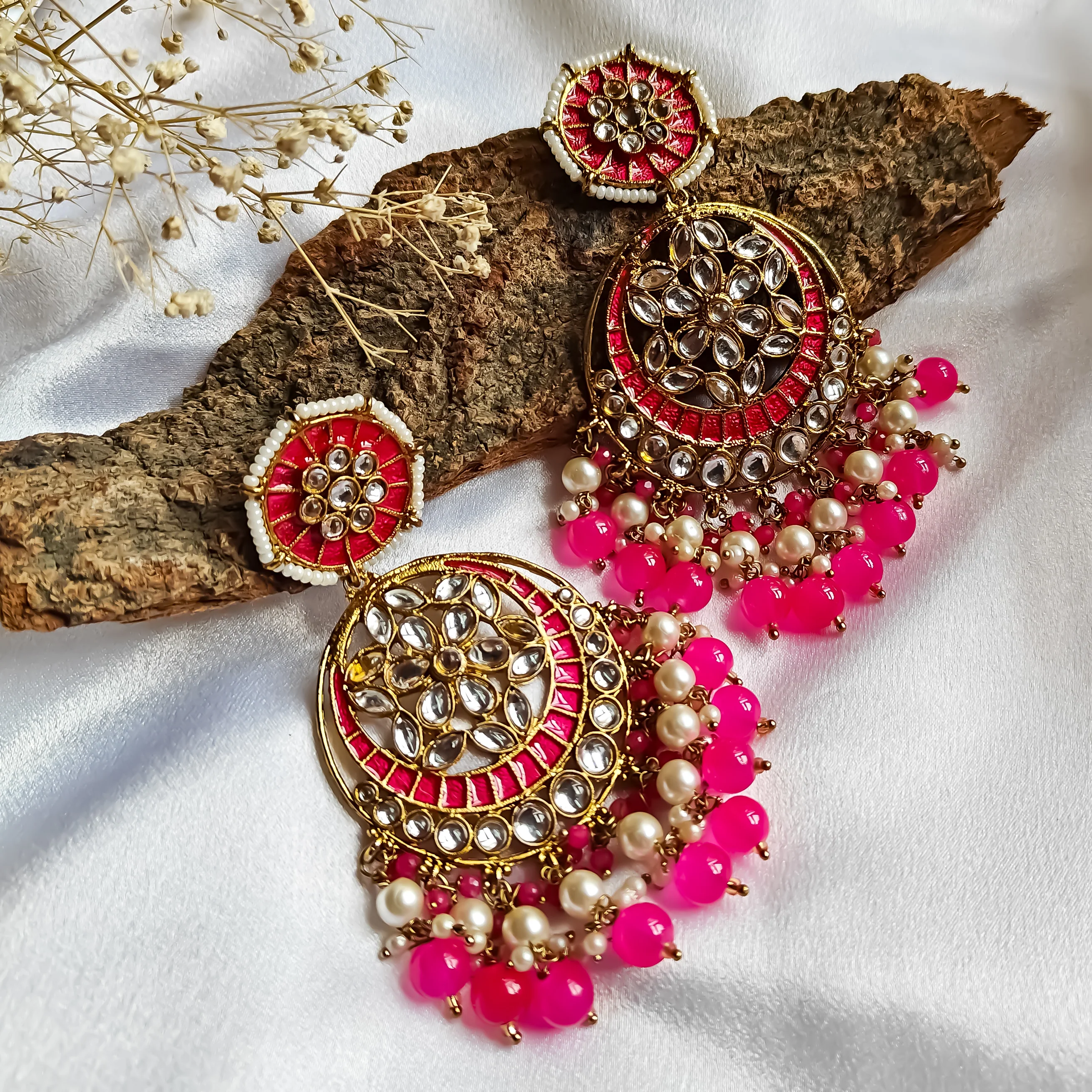 Siya Meenakari Chandbali Earrings- Hot Pink - Image 5