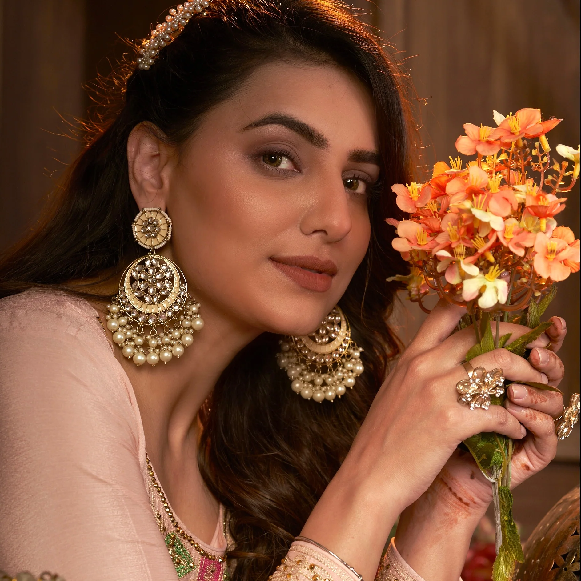 Siya Meenakari Chandbali Earrings - Golden - Image 6