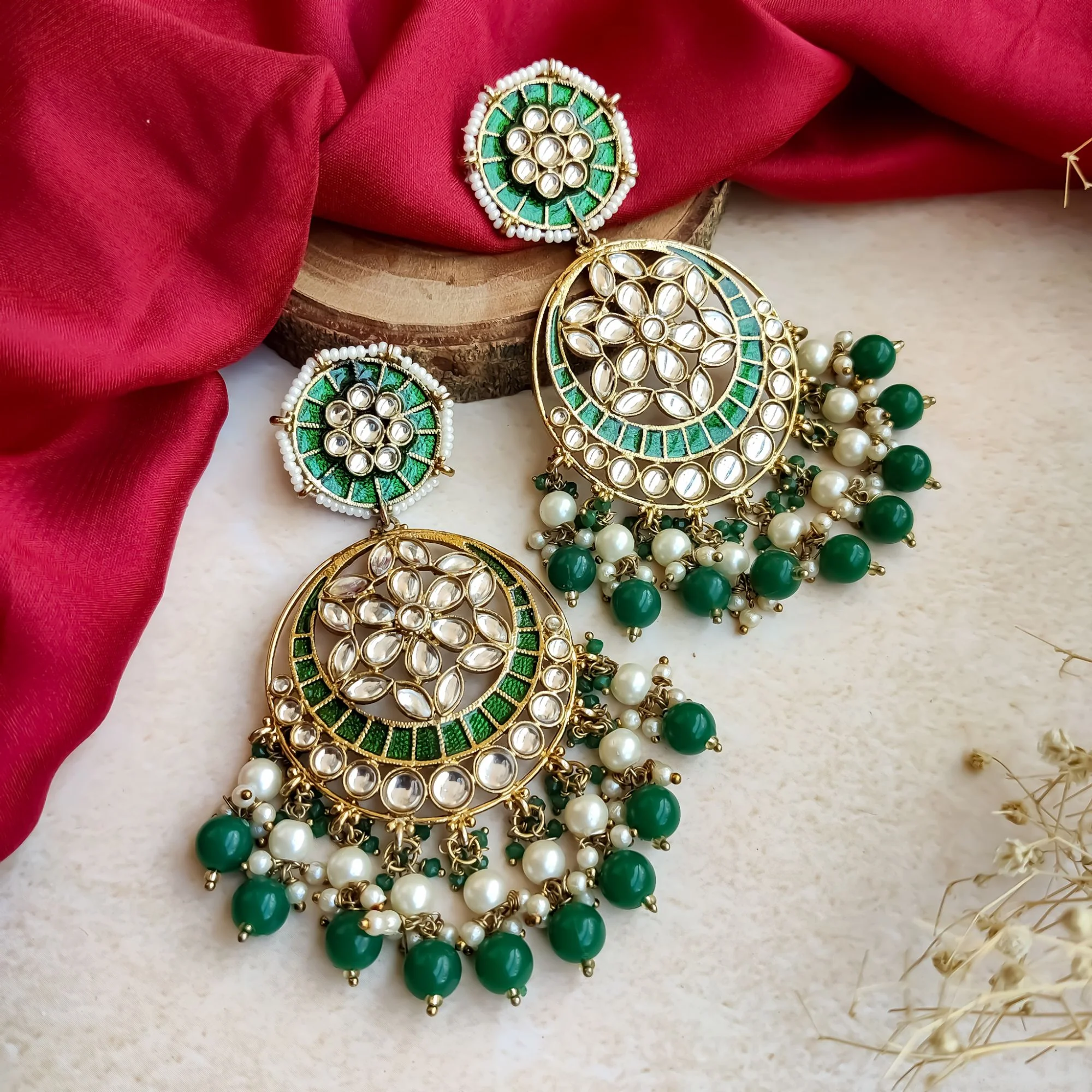 Siya Meenakari Chandbali Earrings - Green - Image 3