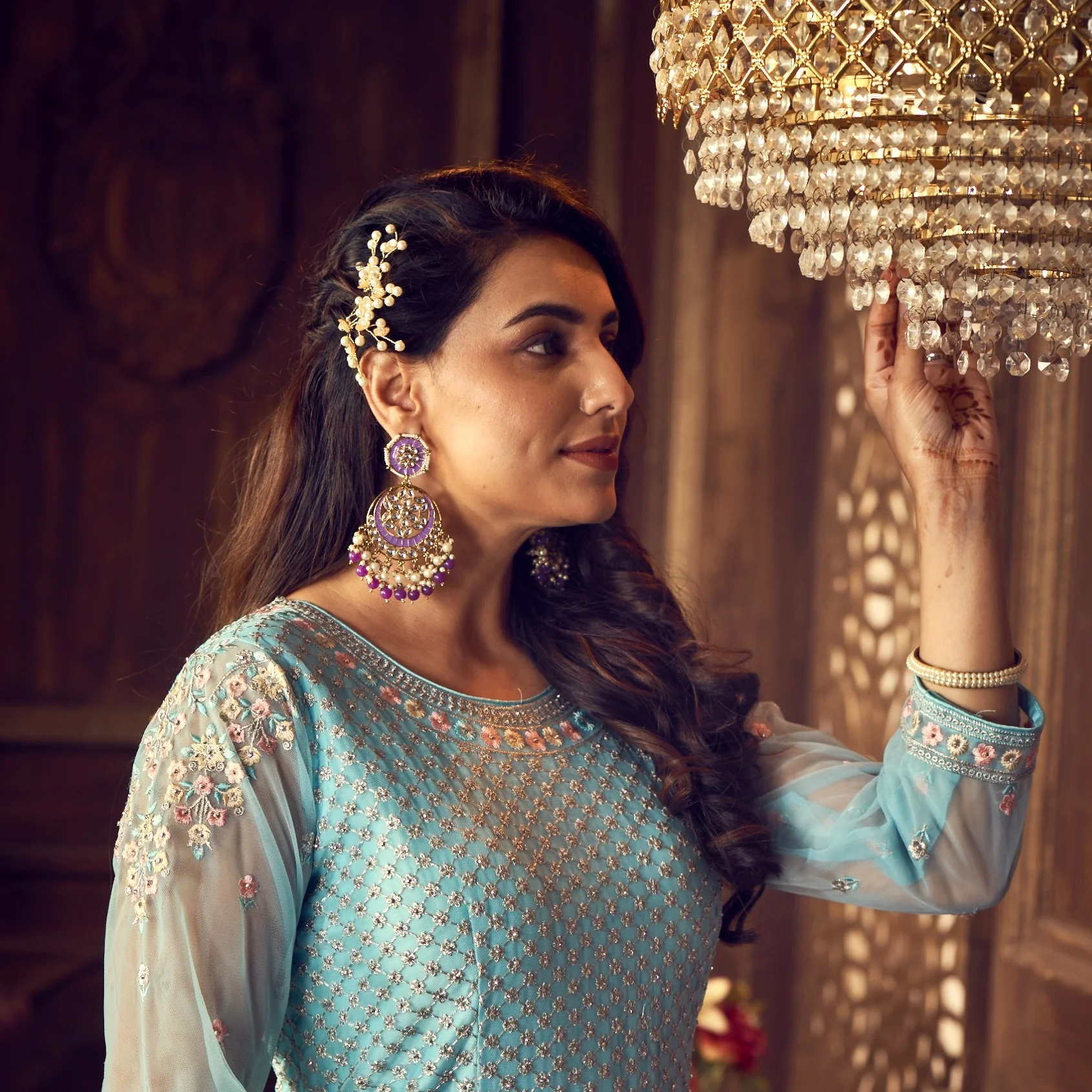 Siya Meenakari Chandbali Earrings - Purple - Image 3