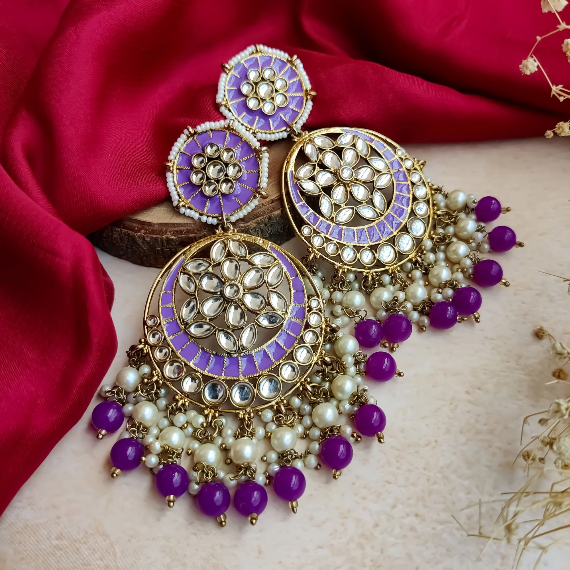 Siya Meenakari Chandbali Earrings - Purple - Image 4