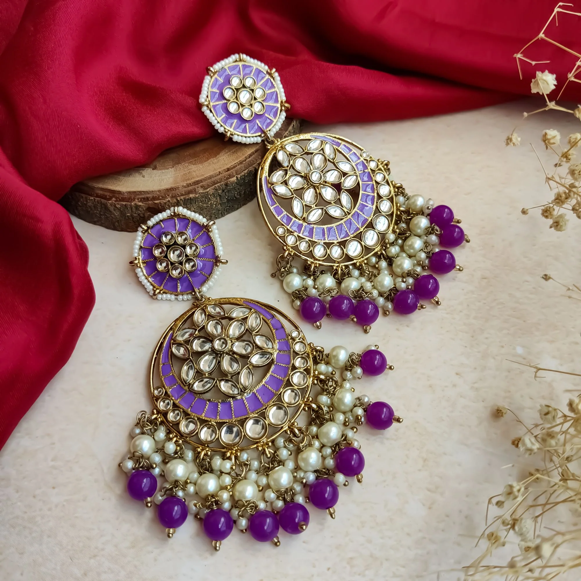 Siya Meenakari Chandbali Earrings - Purple - Image 5