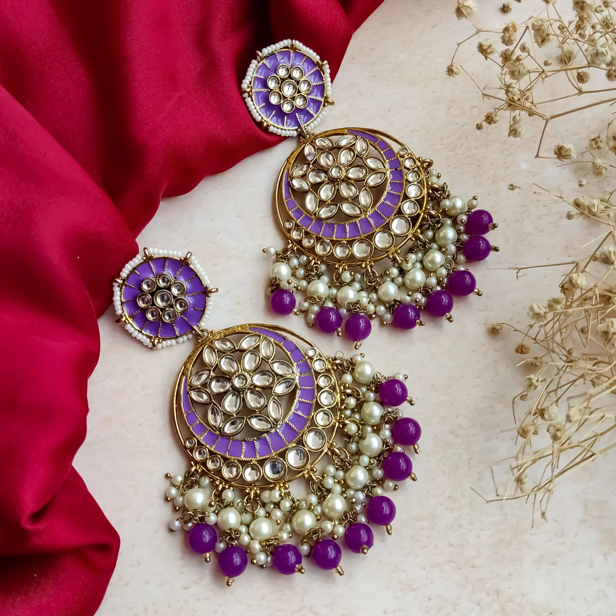 Siya Meenakari Chandbali Earrings - Purple - Image 6