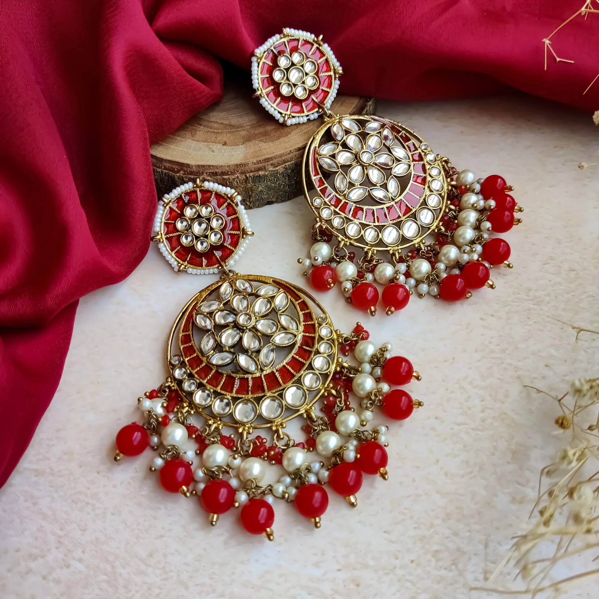 Siya Meenakari Chandbali Earrings - Red - Image 3