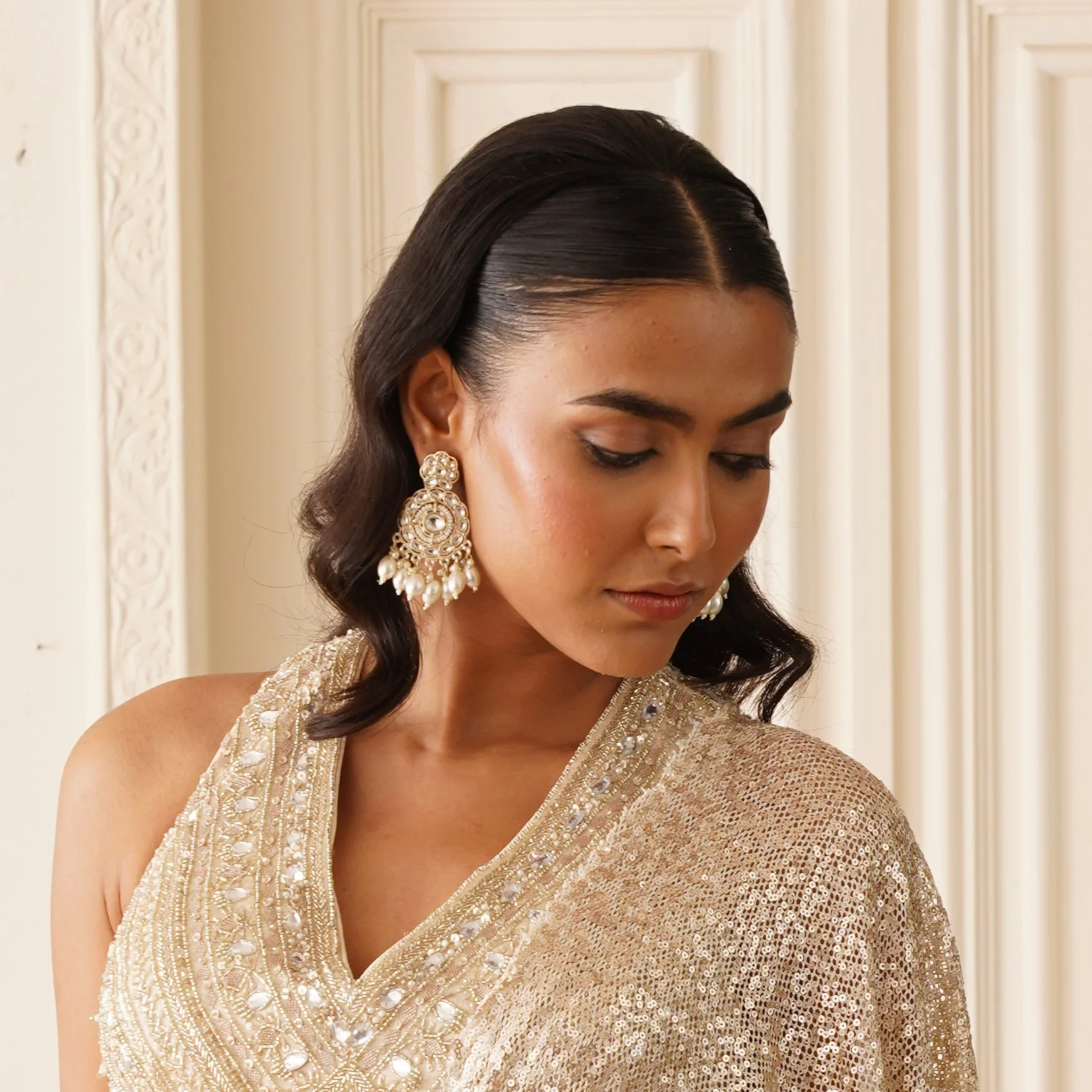 Subheksha Pearl Chandbali Earrings - Golden - Image 2