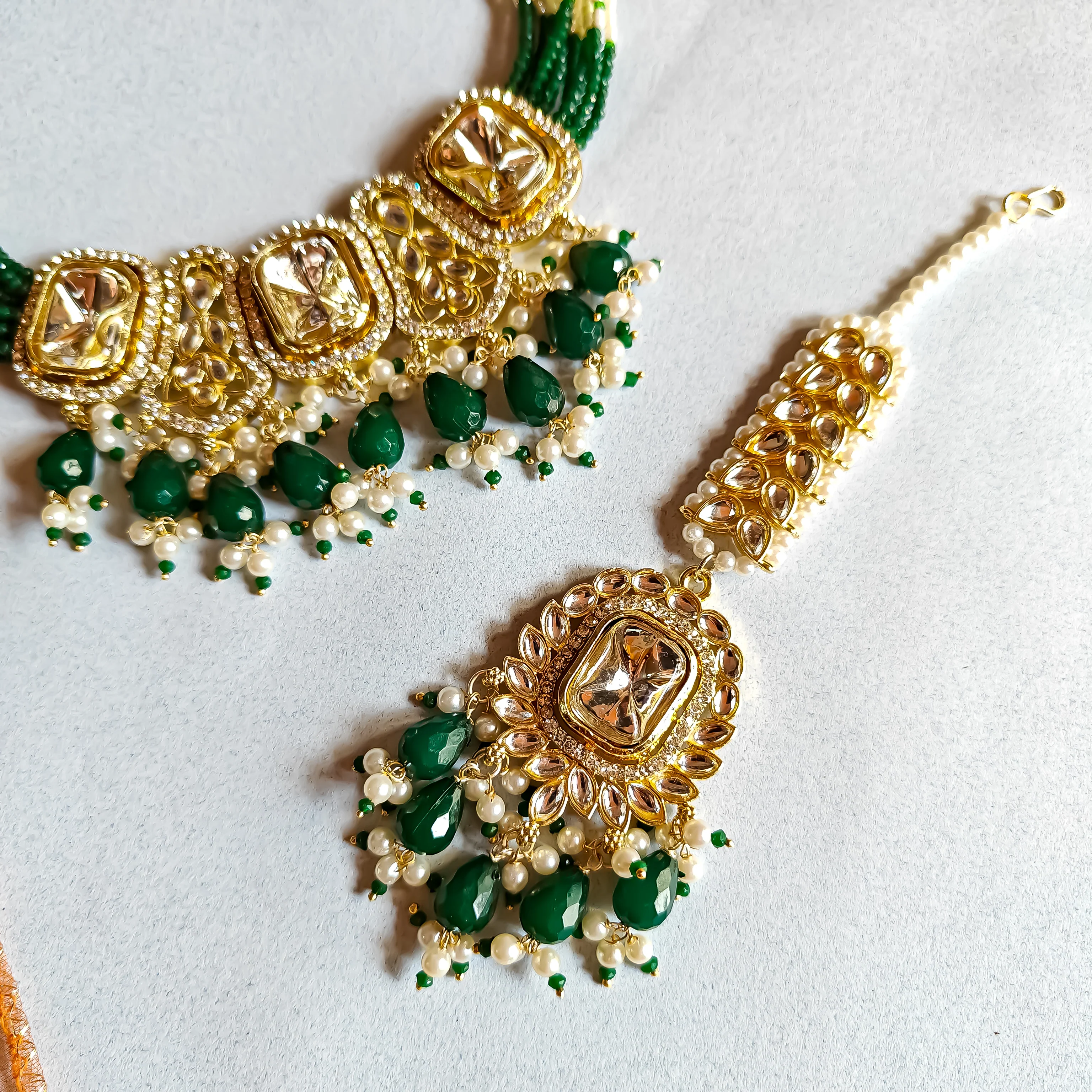 Sumer Polki Ad Necklace Set- Green - Image 3