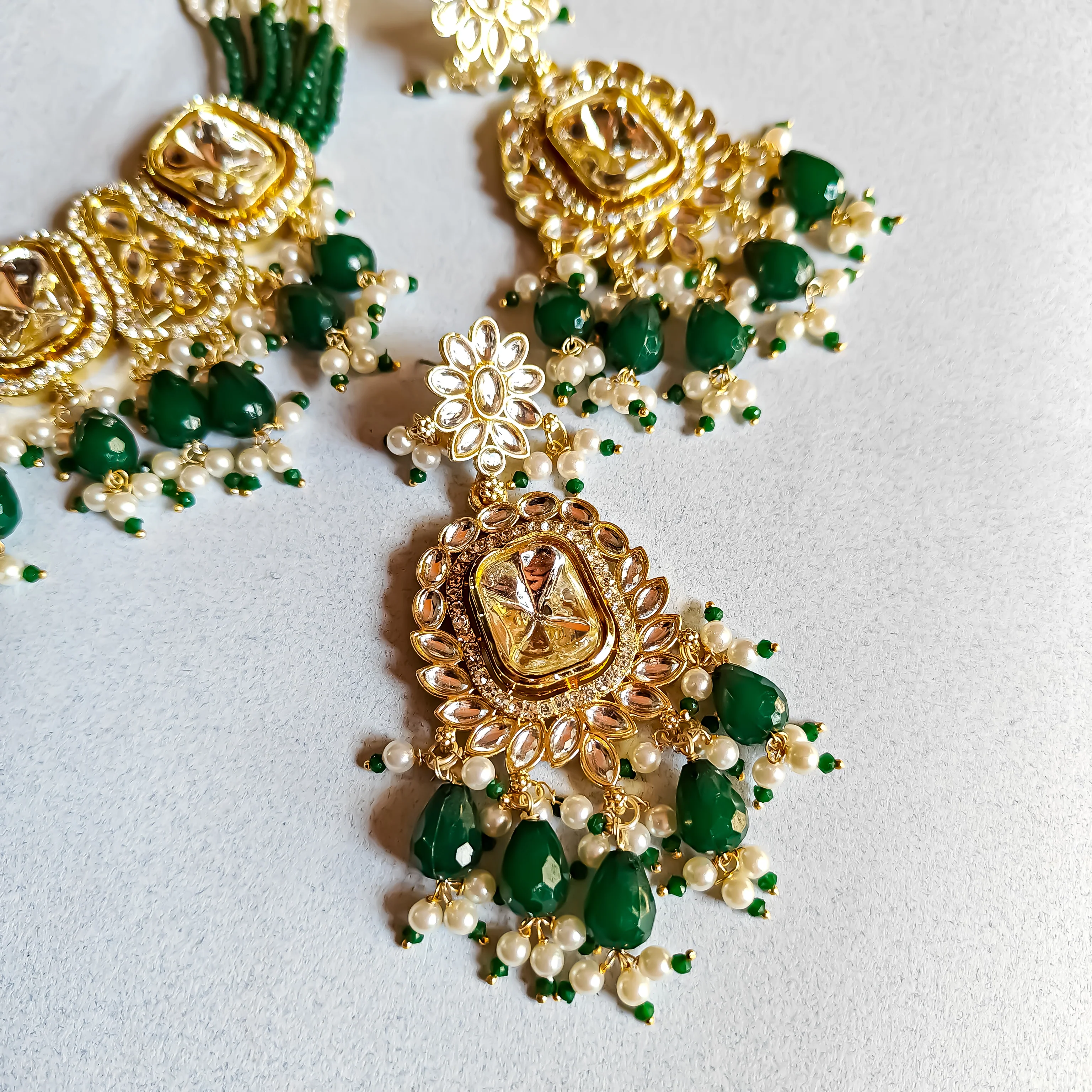Sumer Polki Ad Necklace Set- Green - Image 5