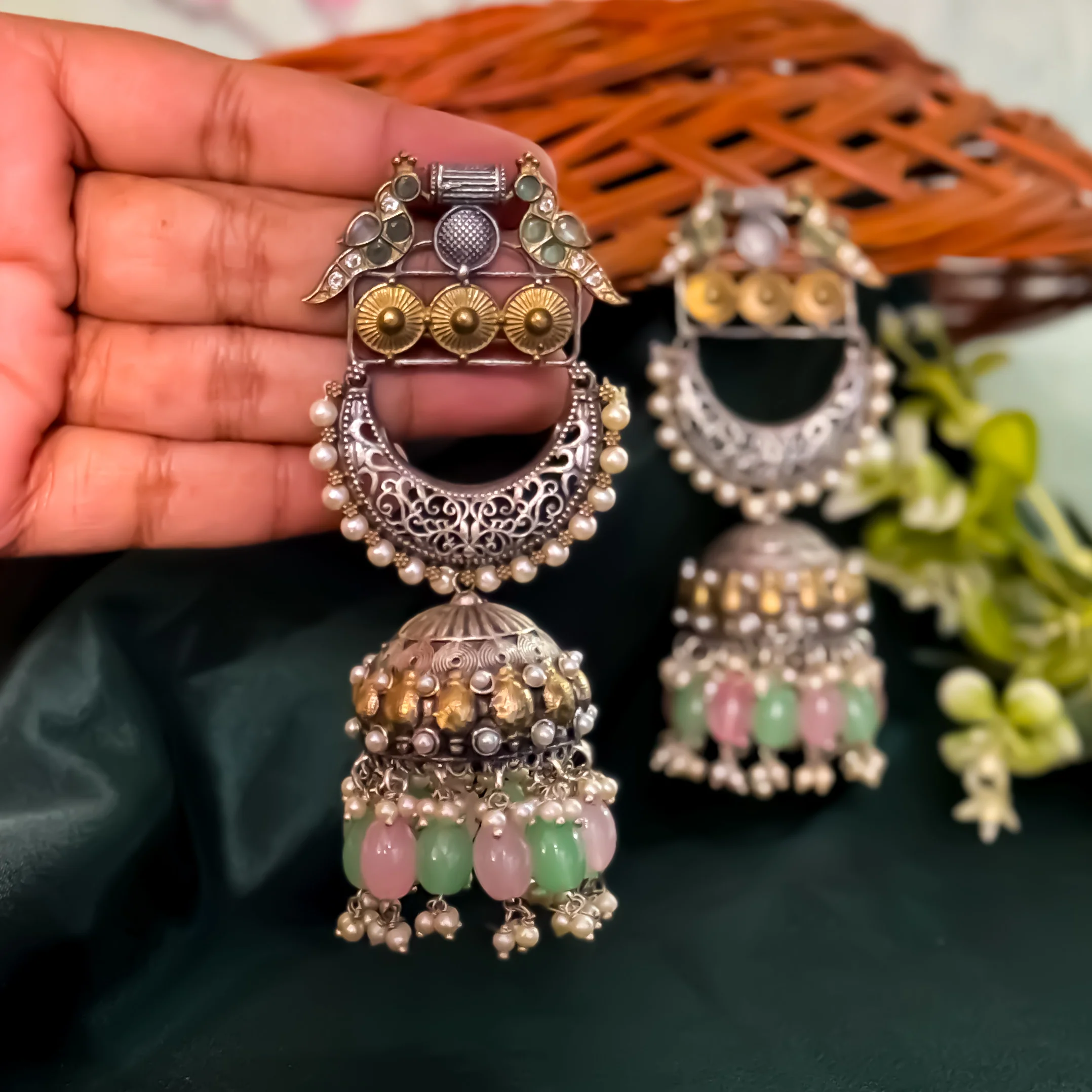 Swara Dual Tone Premium Brass Jhumka Earrings - Image 2