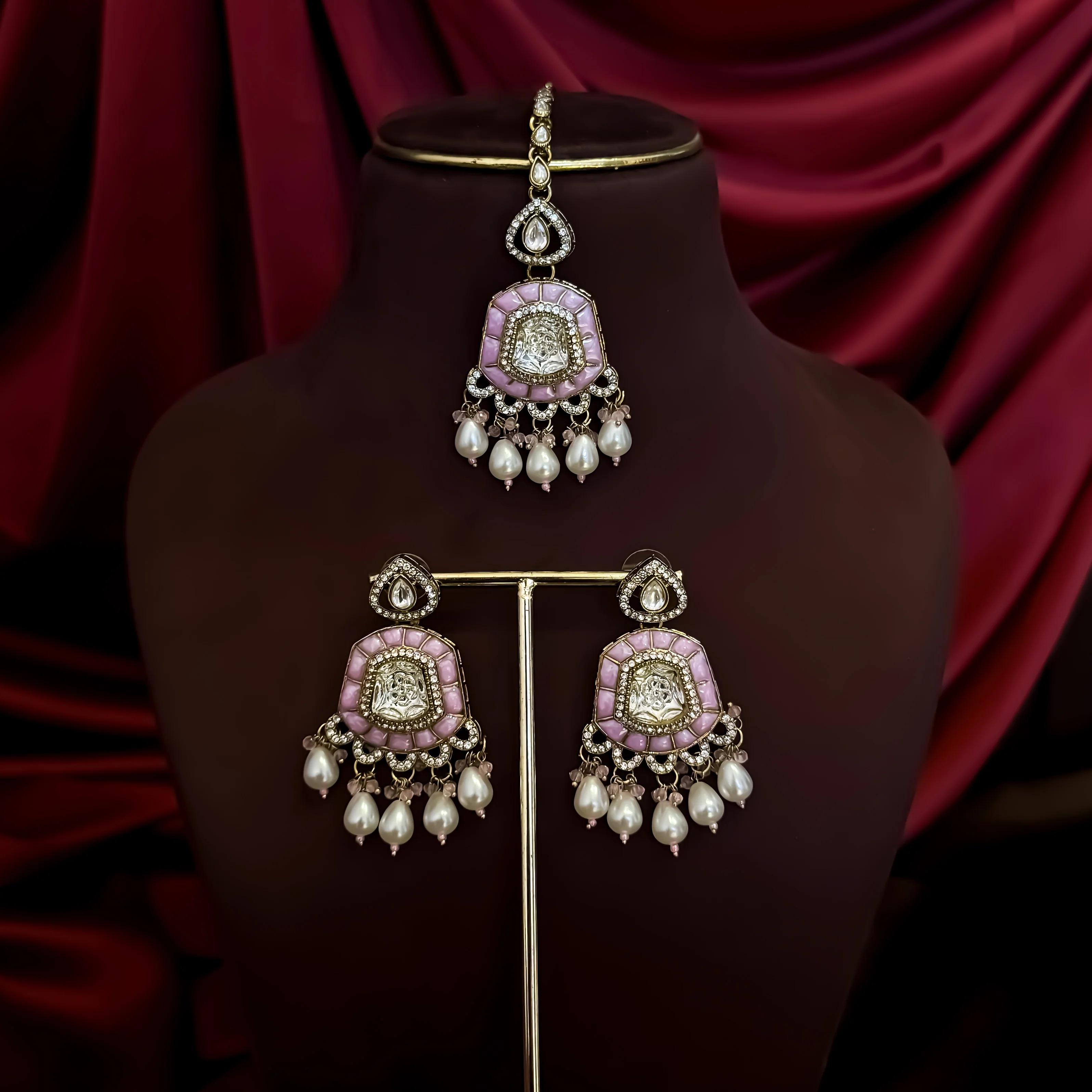 Tanishka Polki Premium Necklace Set - Baby Pink - Image 4