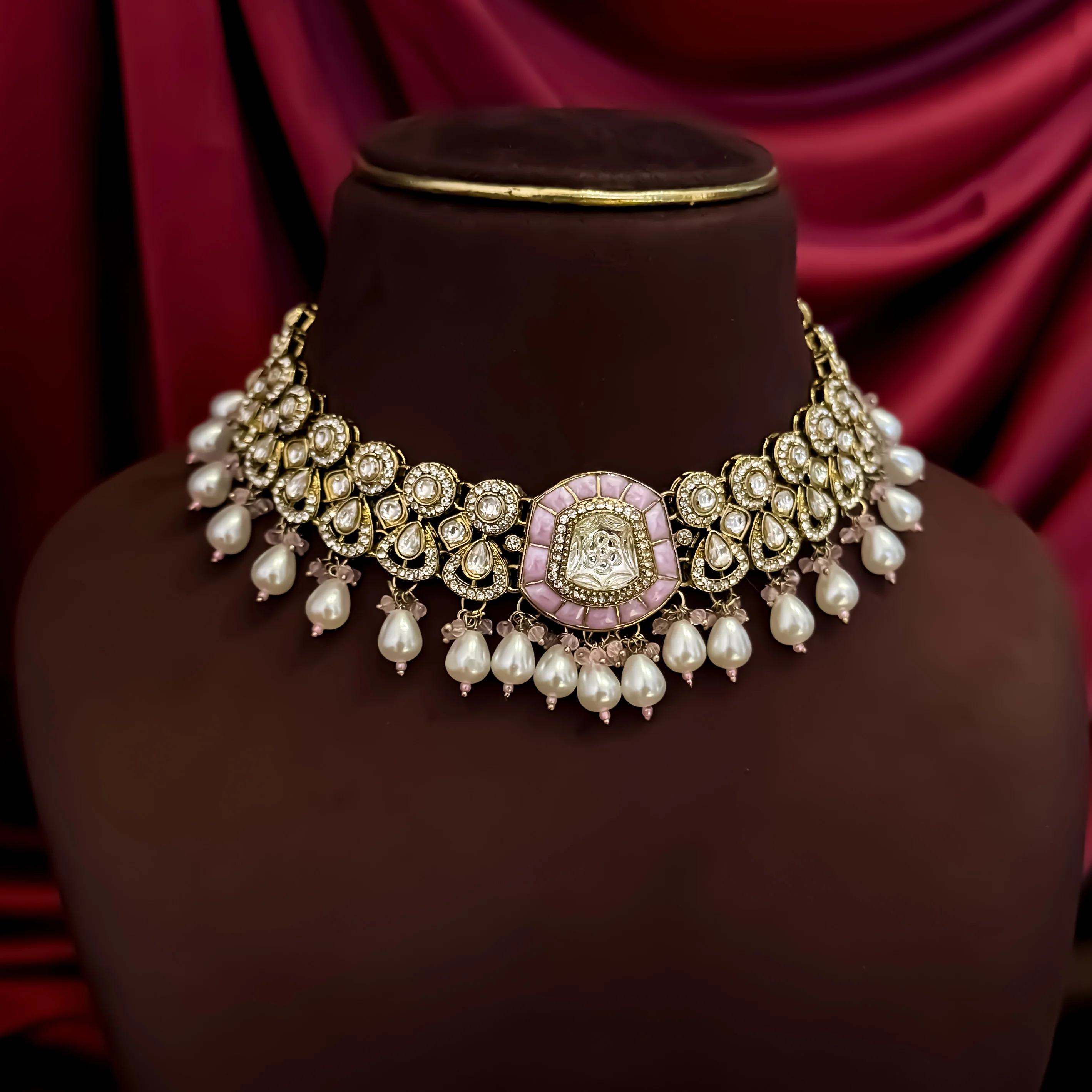 Tanishka Polki Premium Necklace Set - Baby Pink - Image 5