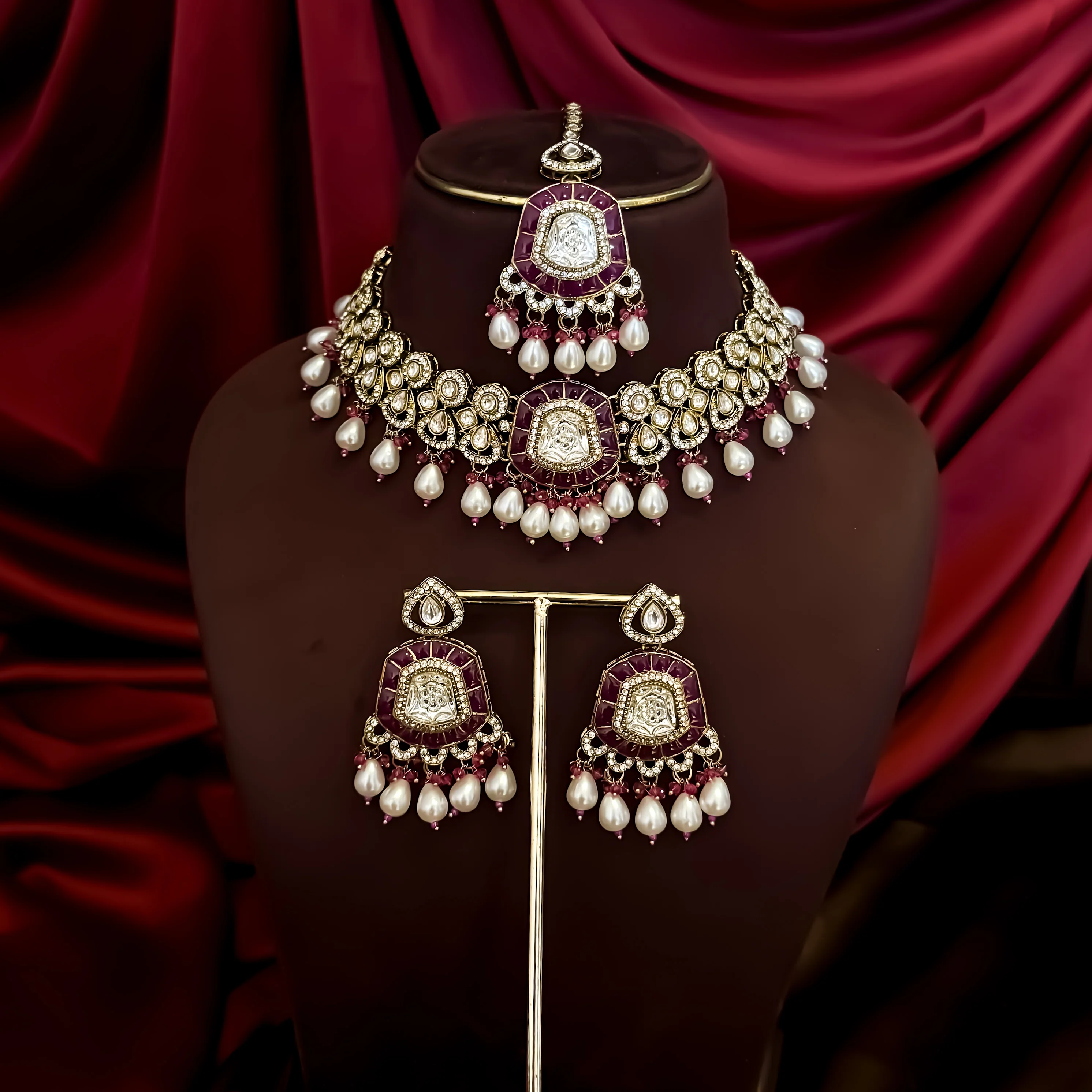 Tanishka Polki Premium Necklace Set - Magenta Pink - Image 2