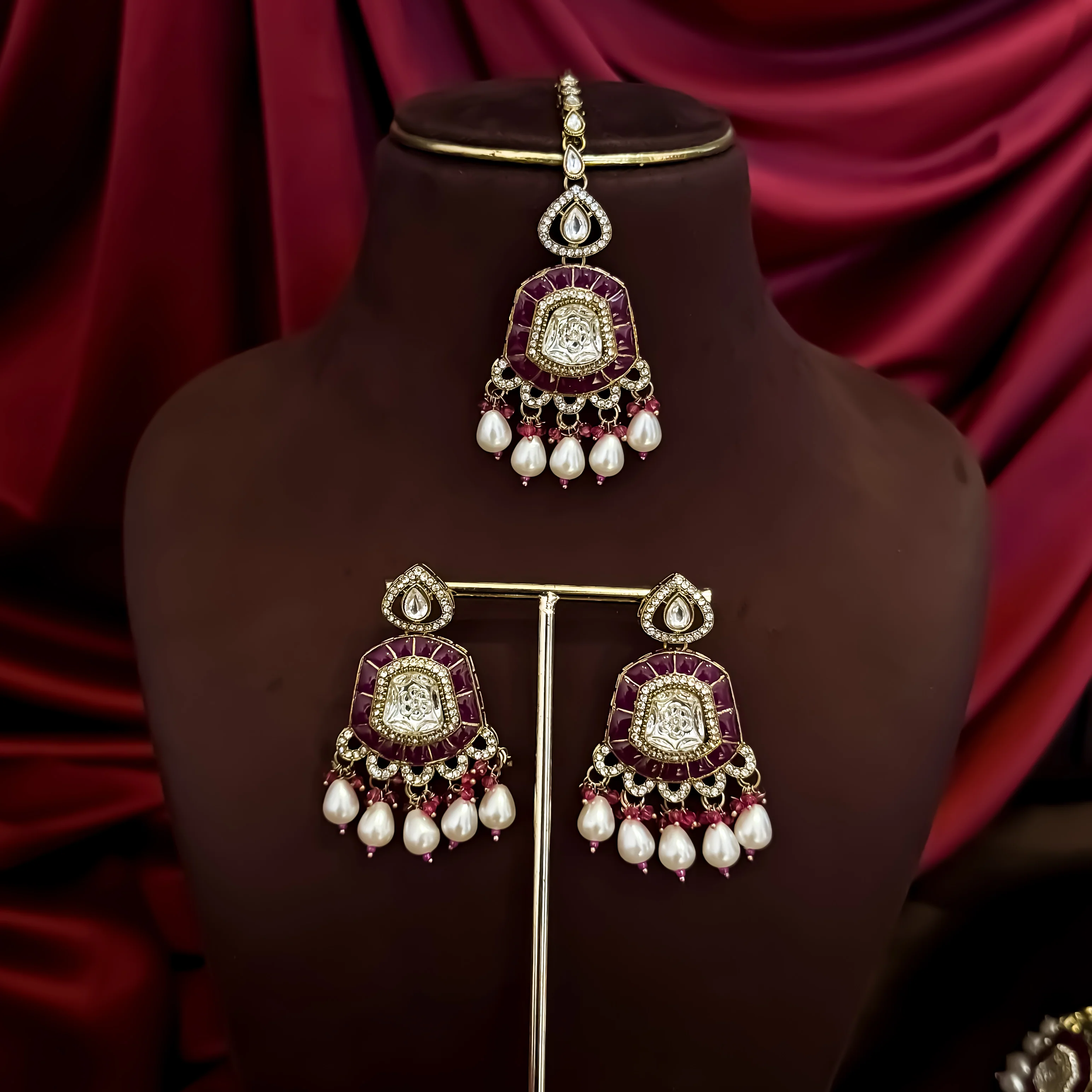 Tanishka Polki Premium Necklace Set - Magenta Pink - Image 3