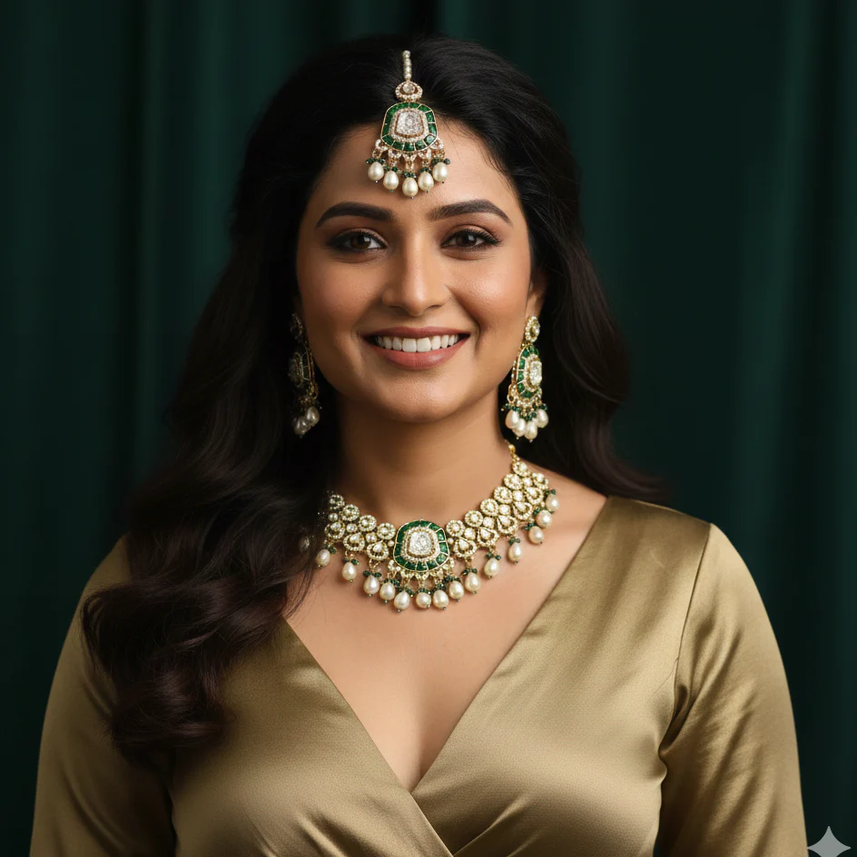 Tanishka Polki Premium Necklace Set - Green - Image 3