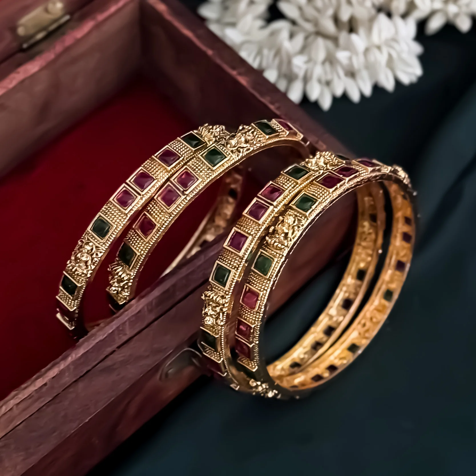 Kumkum Temple Gold Bangles with Ruby & Emerald Stones - Set of 4 - Image 2