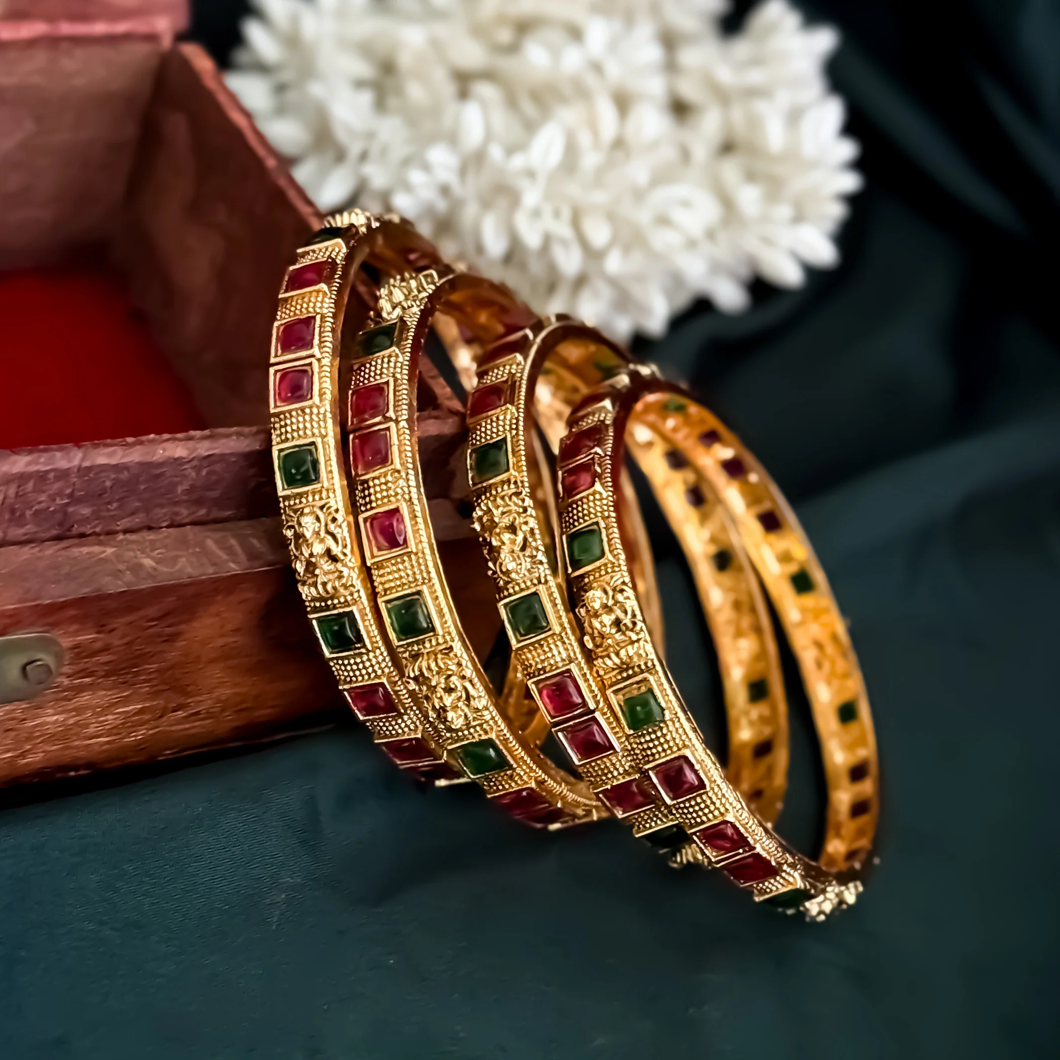Kumkum Temple Gold Bangles with Ruby & Emerald Stones - Set of 4 - Image 3