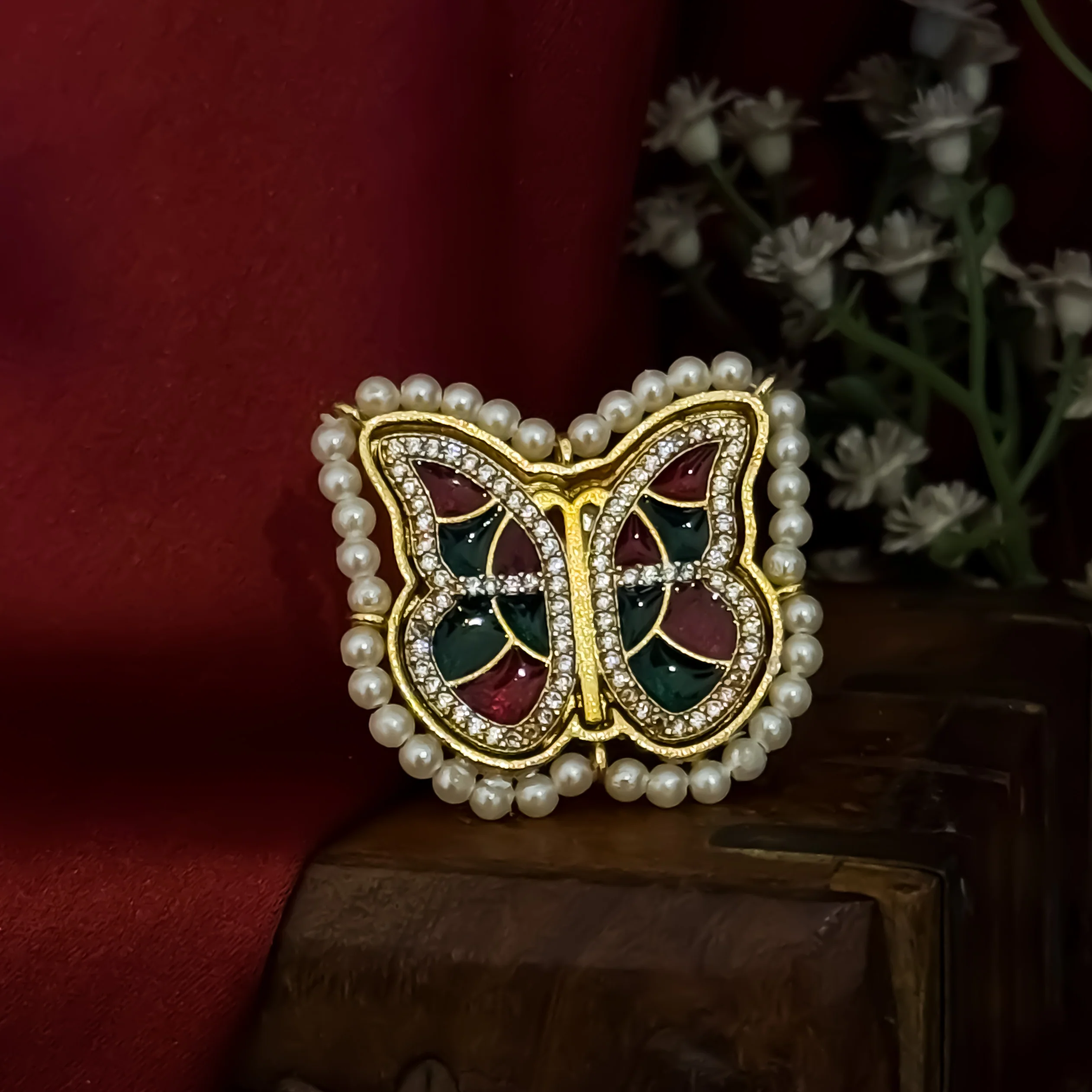 Titli Premium Brass Jadau & AD Work Adjustable Ring - Pink & Green - Image 3