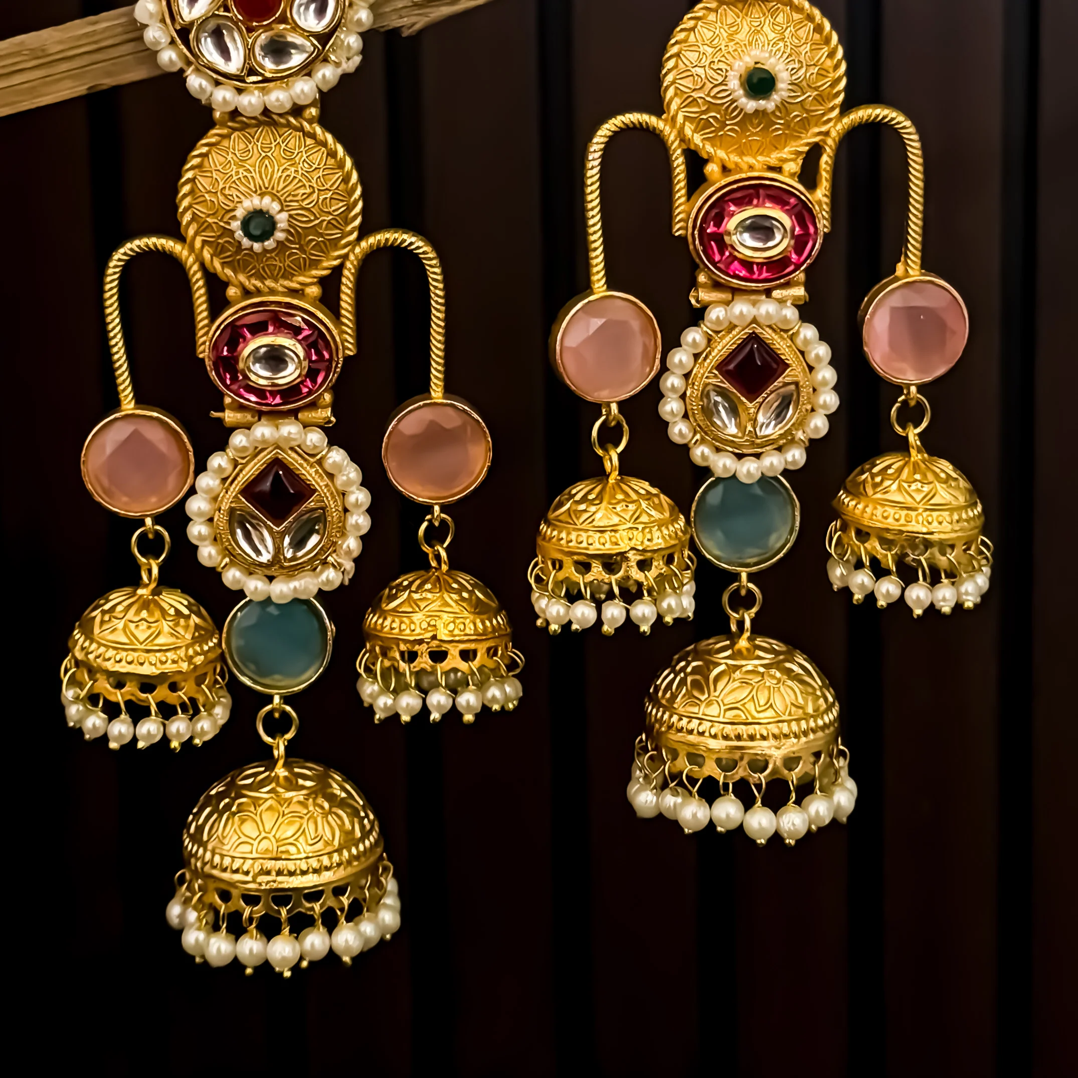 Umrao Kashmiri Jhumka Earrings- Pastel Pink & Green - Image 3