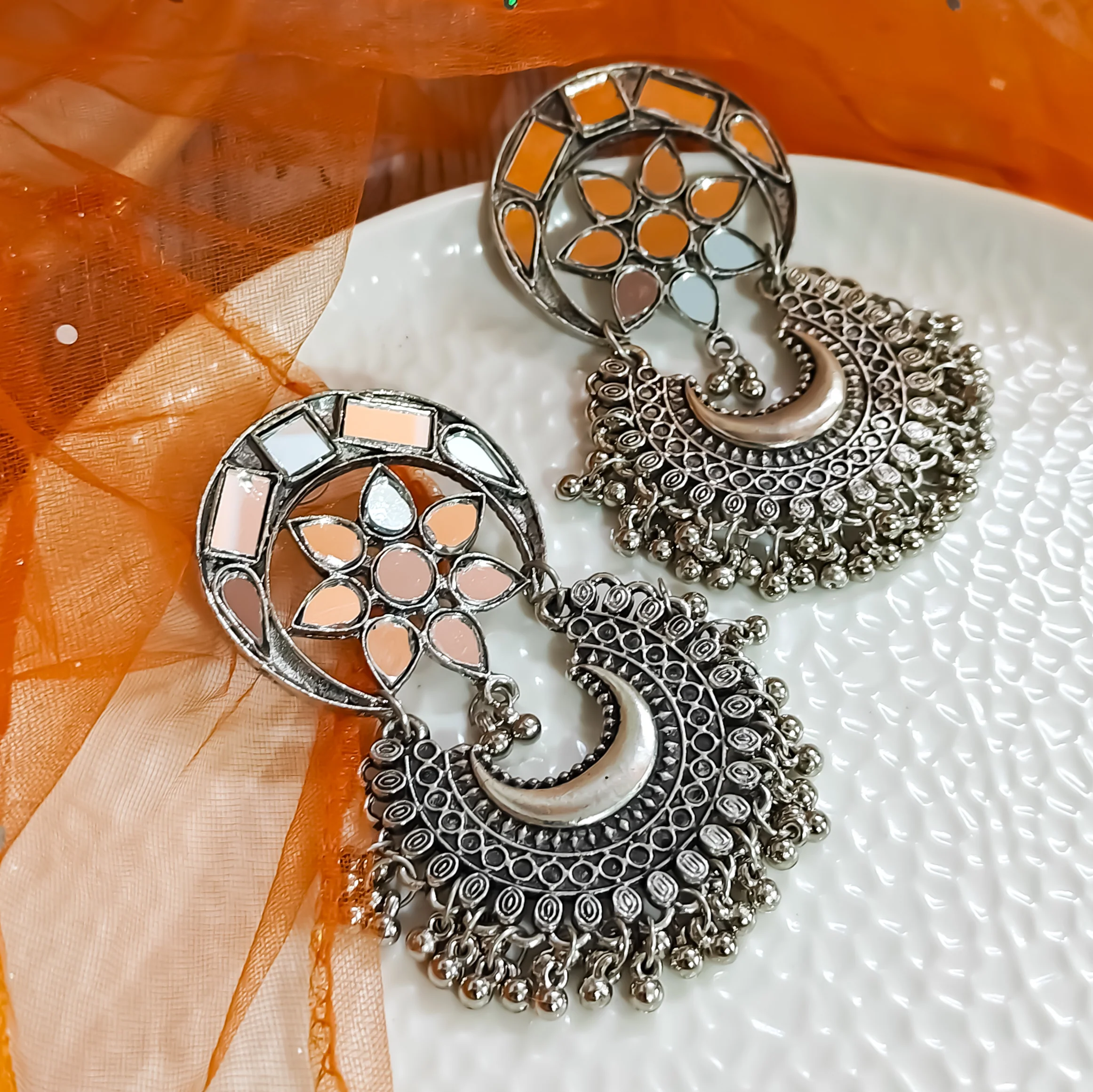 Seena Mirror Oxidised Silver Chandbali Earrings - Image 4