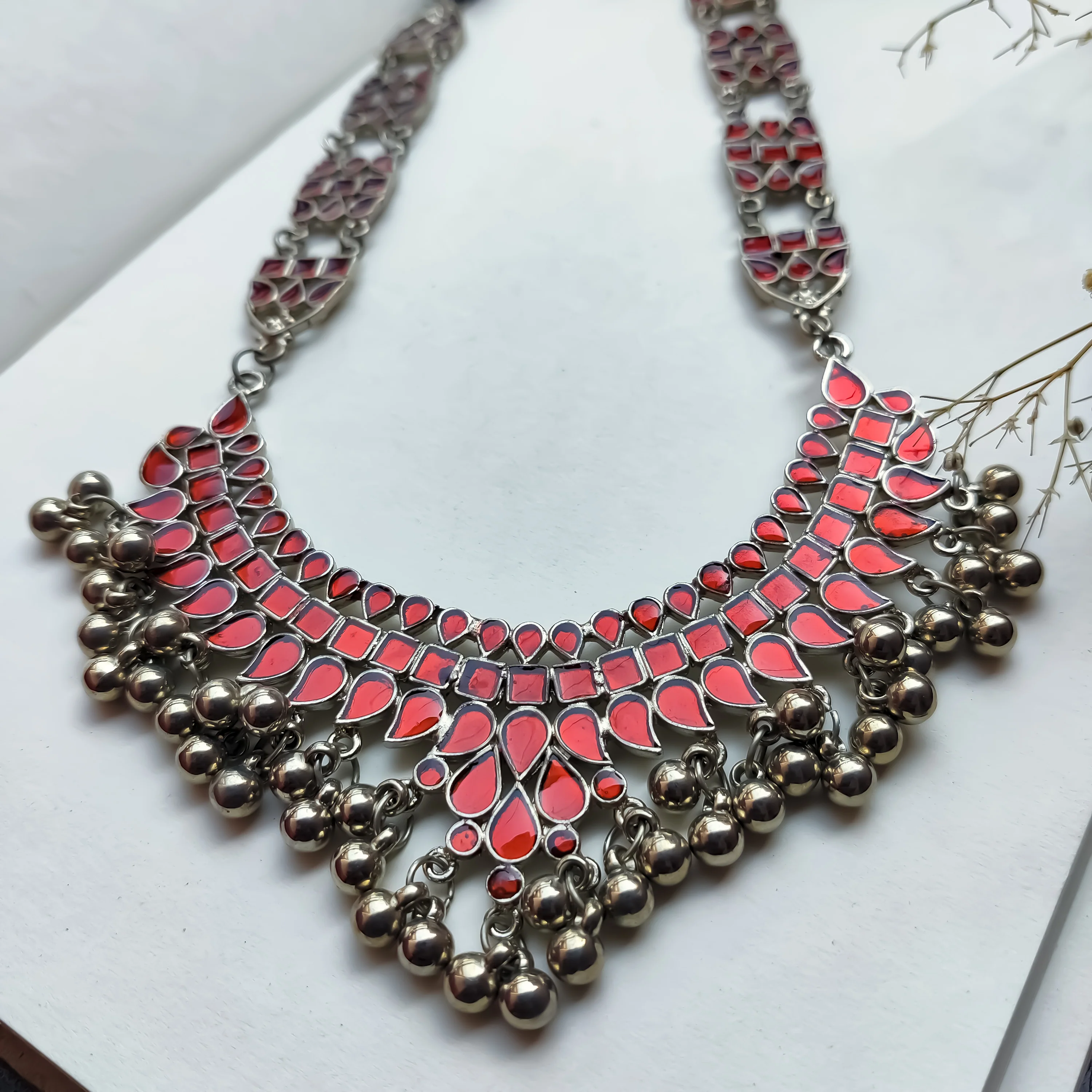Red Afghani  Oxidised Necklace with Silver Pearls - Image 3