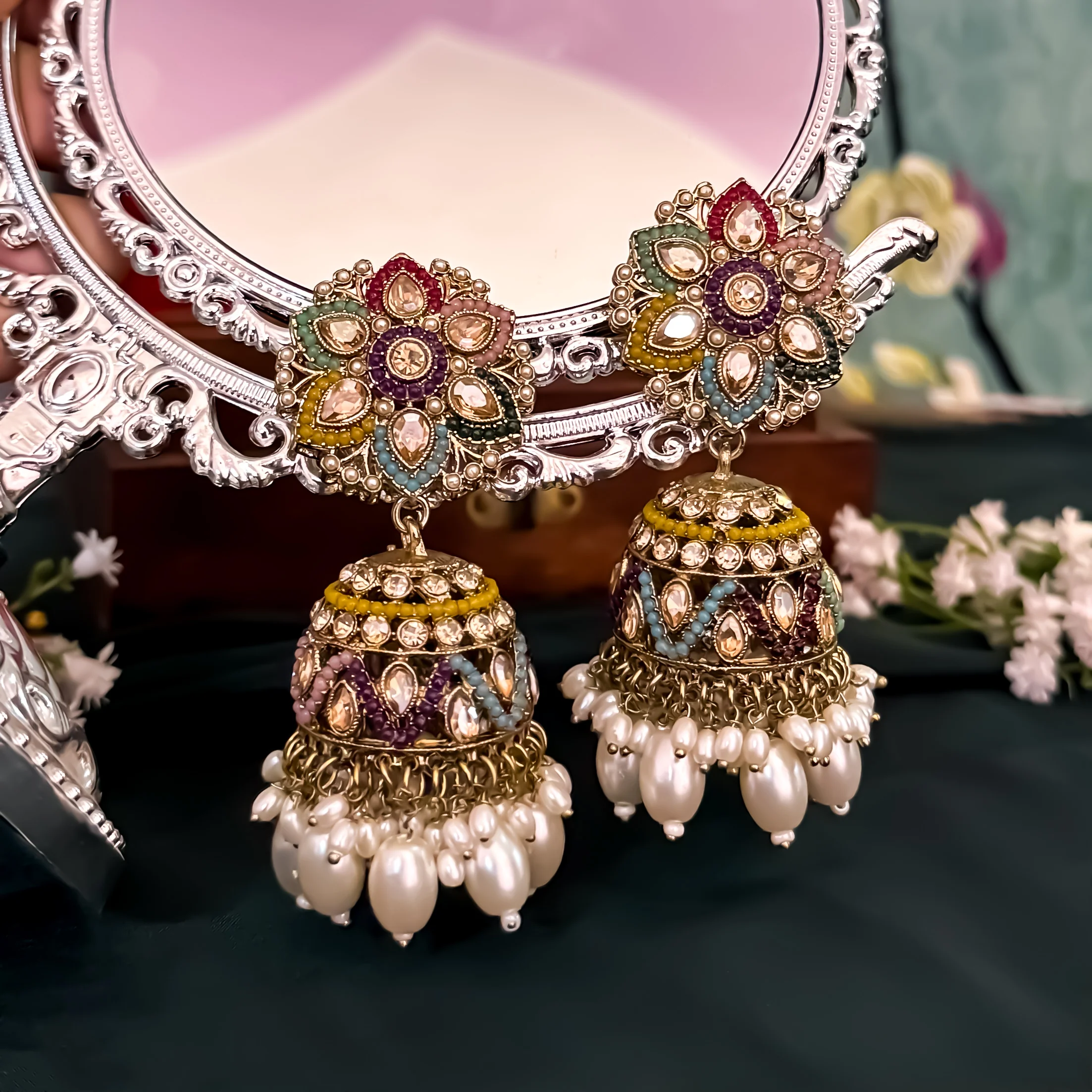 Varuna Jadau Reverse AD Jhumka & Teeka Set - Multi - Image 2