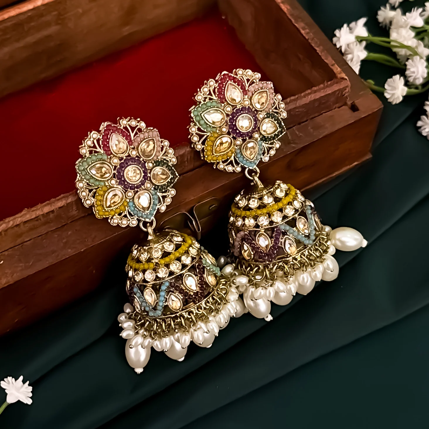 Varuna Jadau Reverse AD Jhumka & Teeka Set - Multi - Image 3