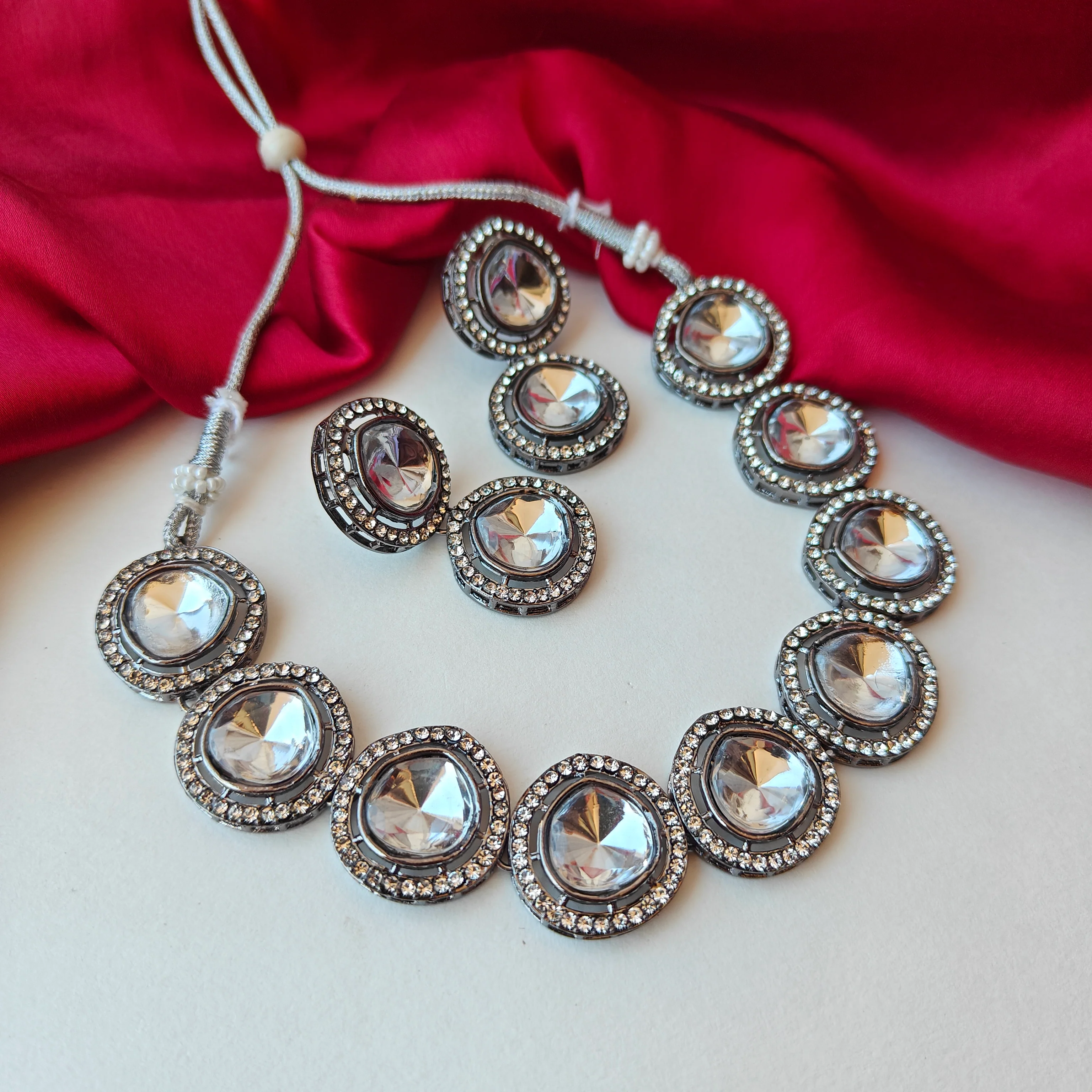 Vipasa Black Metal Polki Look Alike Necklace Set with Earrings - Image 3