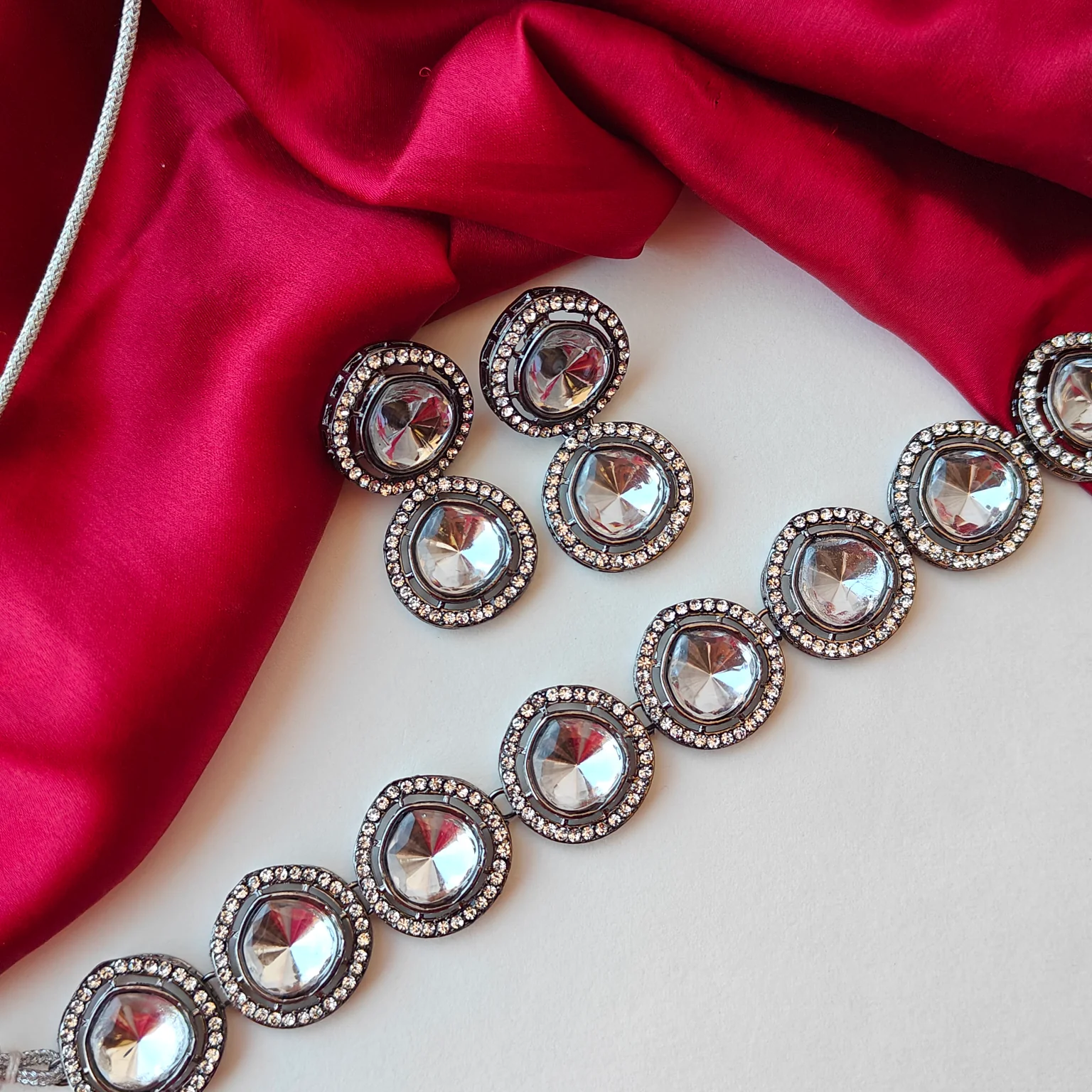 Vipasa Black Metal Polki Look Alike Necklace Set with Earrings - Image 6
