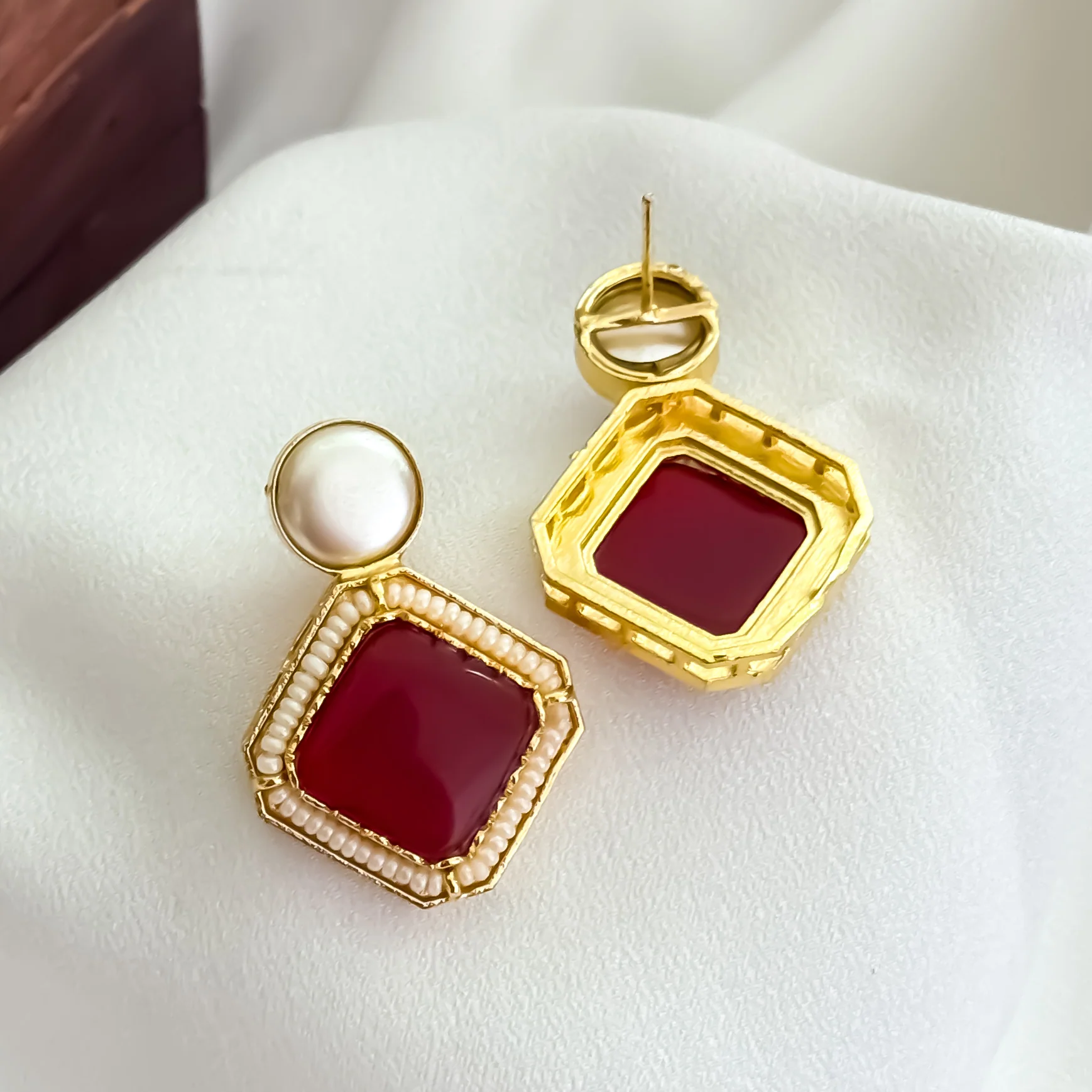 Viren Monalisa Stone Premium Brass Stud Earrings - Maroon - Image 3
